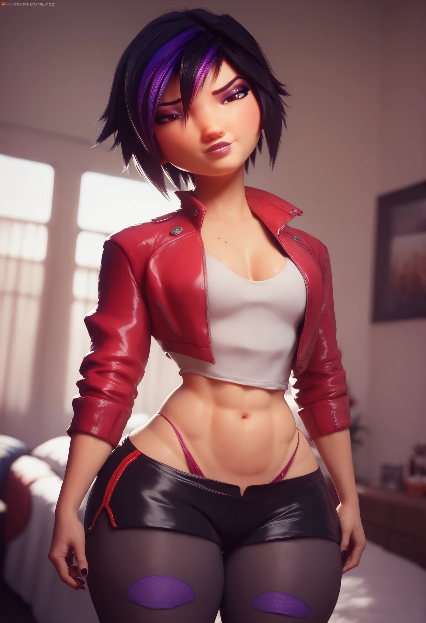 GoGo Tomago black hair white blouse short red jacket big boobs shaved abdomen thick thighs black pants glued to the thighs red floss panties inside the bedroom sexy thick thighs