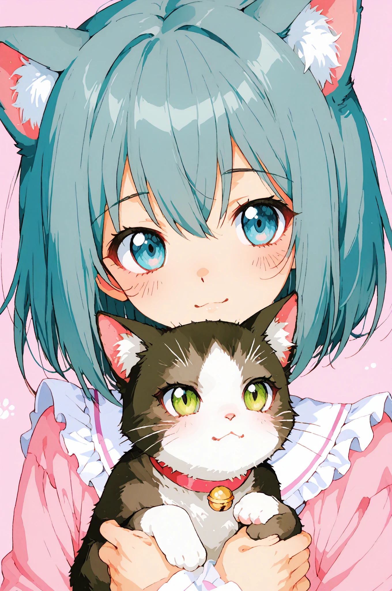 Blue hair anime girl with cat and pink dress, Cute Anime, Cute anime girl, kawaii realistic portrait, soft anime illustration, Anime visuals of cute girls, cute kawaii girl, cute anime style, anime moe art style, Anime Illustration, cute anime catgirl, Very Beautiful Anime Cat Girl, pretty anime girl, kawaii anime manga style, portrait of cute anime girlbabes