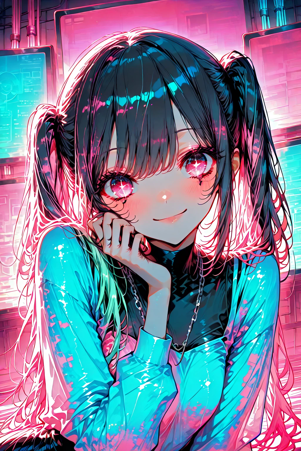 ((Masterpiece)), ((best quality)), (sketch:0.3), (High Definition:1.3), (Professional Photography:1.3), ((12 years old)), cute young Girl, Glossy unruly hair, (loose blunt bangs), colorful hair, long hair, big eyes, (long eyelashes), ((Thin and short eyebrows)), colorful eyes, (cute smile), open mouth, jagged teeth, joy, (cute tanktop), barearms, cute, (place hand to hip), (colorful:1.3), gothic makeup, (simple concrete background),