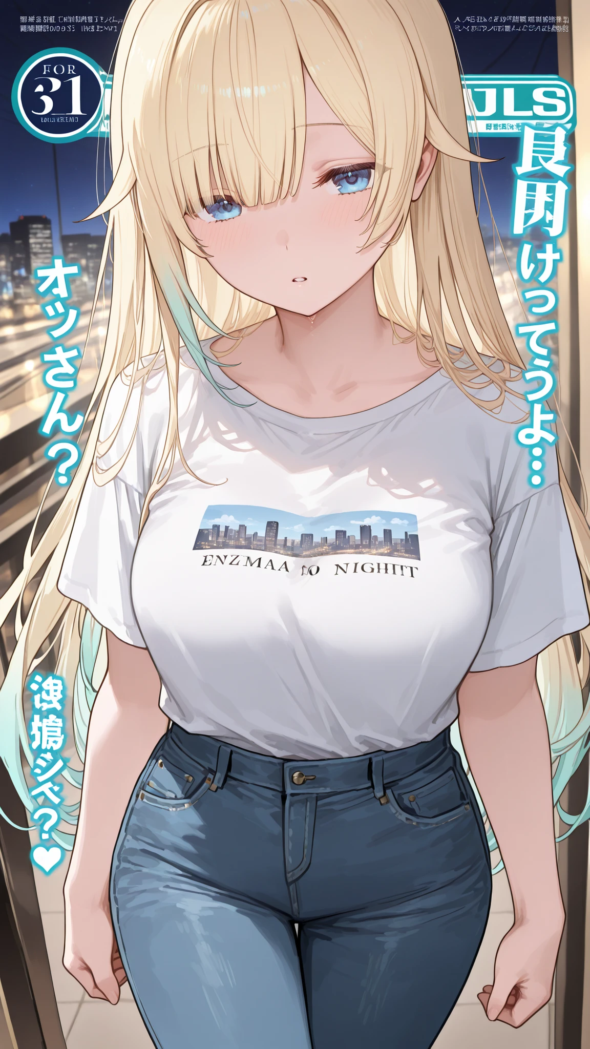 magazine cover, outfit (white t-shirt, jeans, no earrings), pose (walking), location (night, city road), perspective (close-up of woman from the front), high quality face, Aizawa Ema, blue eyes, long hair, high quality eyes, high quality hands, high quality ears, two-tone hair color, blonde, light blue hair, one girl, girl solo, high resolution, high quality, Japanese dialogue, uncensored, adult woman