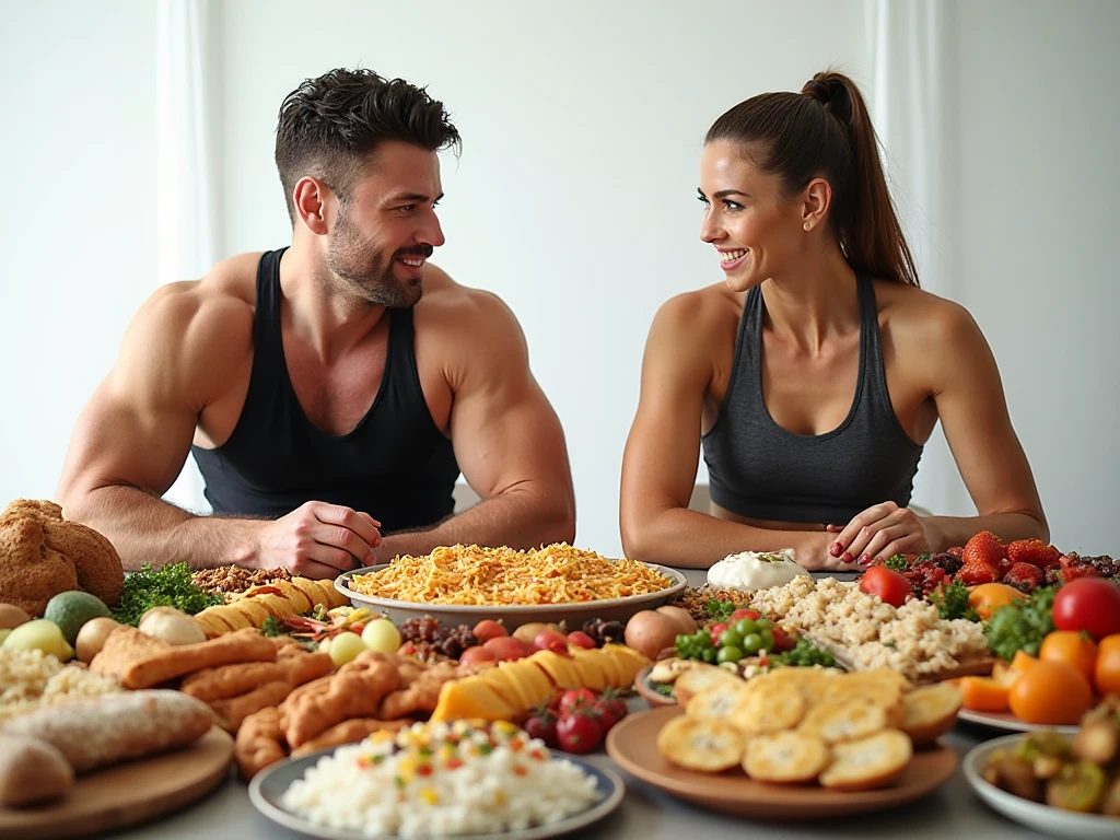 Image of a fitness man and woman at a table full of Carbohydrates to Gain Muscle Mass