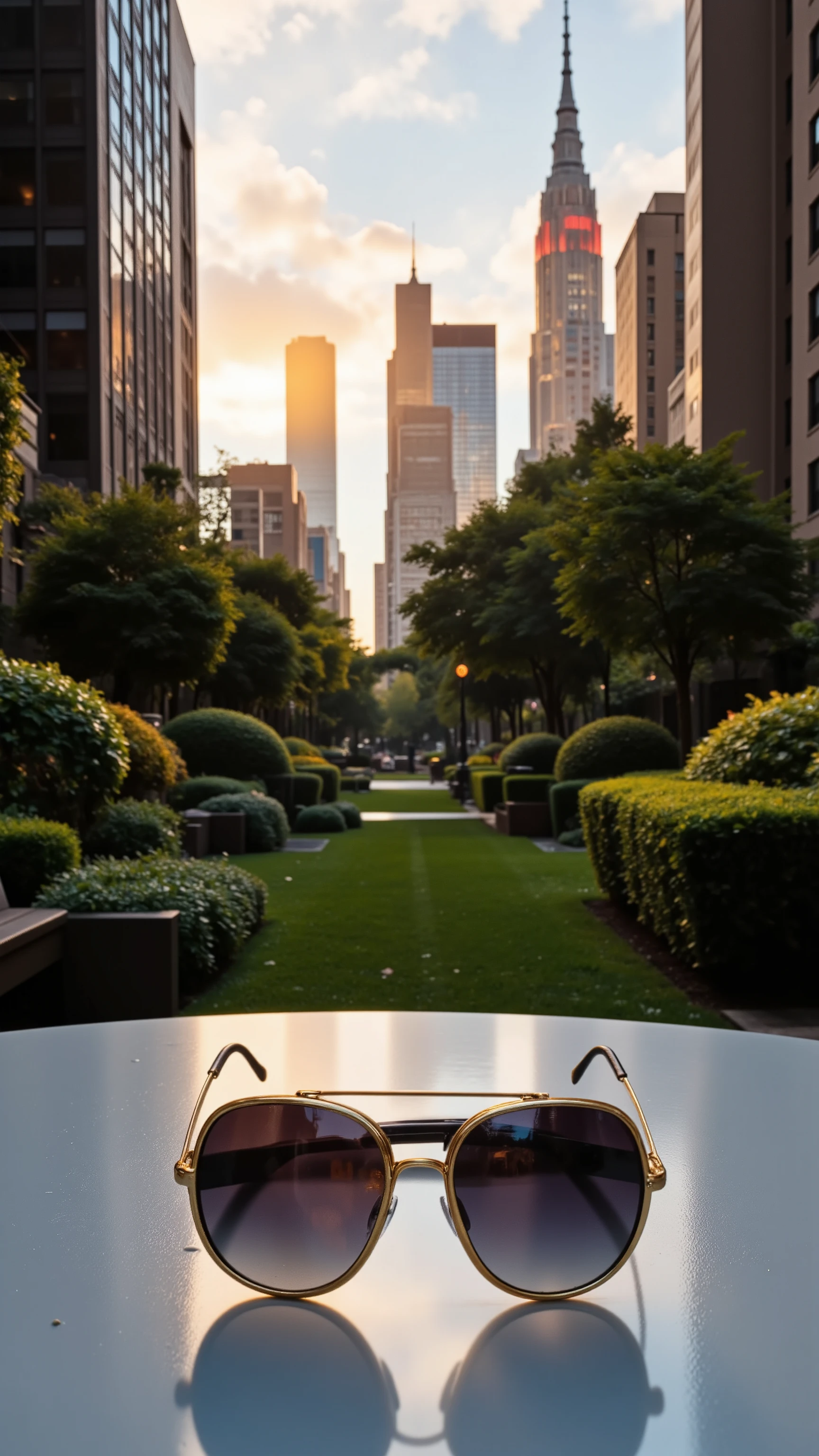 high-definition images、家の庭のテーブルに(gold-rimmed sunglasses)is placed in front of it、I can see the skyscrapers of New York illuminated by the rising sun on my garden table