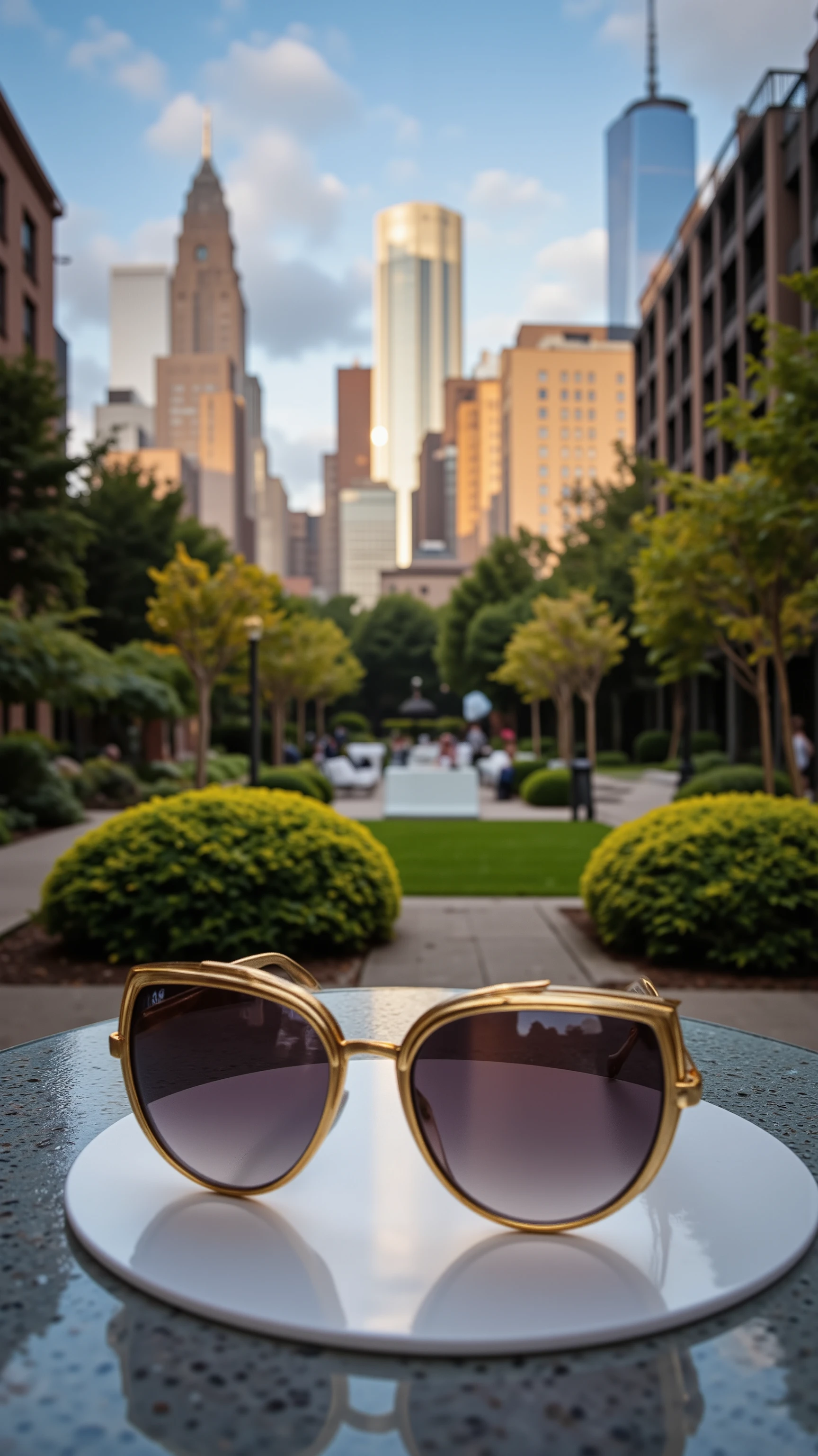 high-definition images、家の庭のテーブルに(gold-rimmed sunglasses)is placed in front of it、I can see the skyscrapers of New York illuminated by the rising sun on my garden table