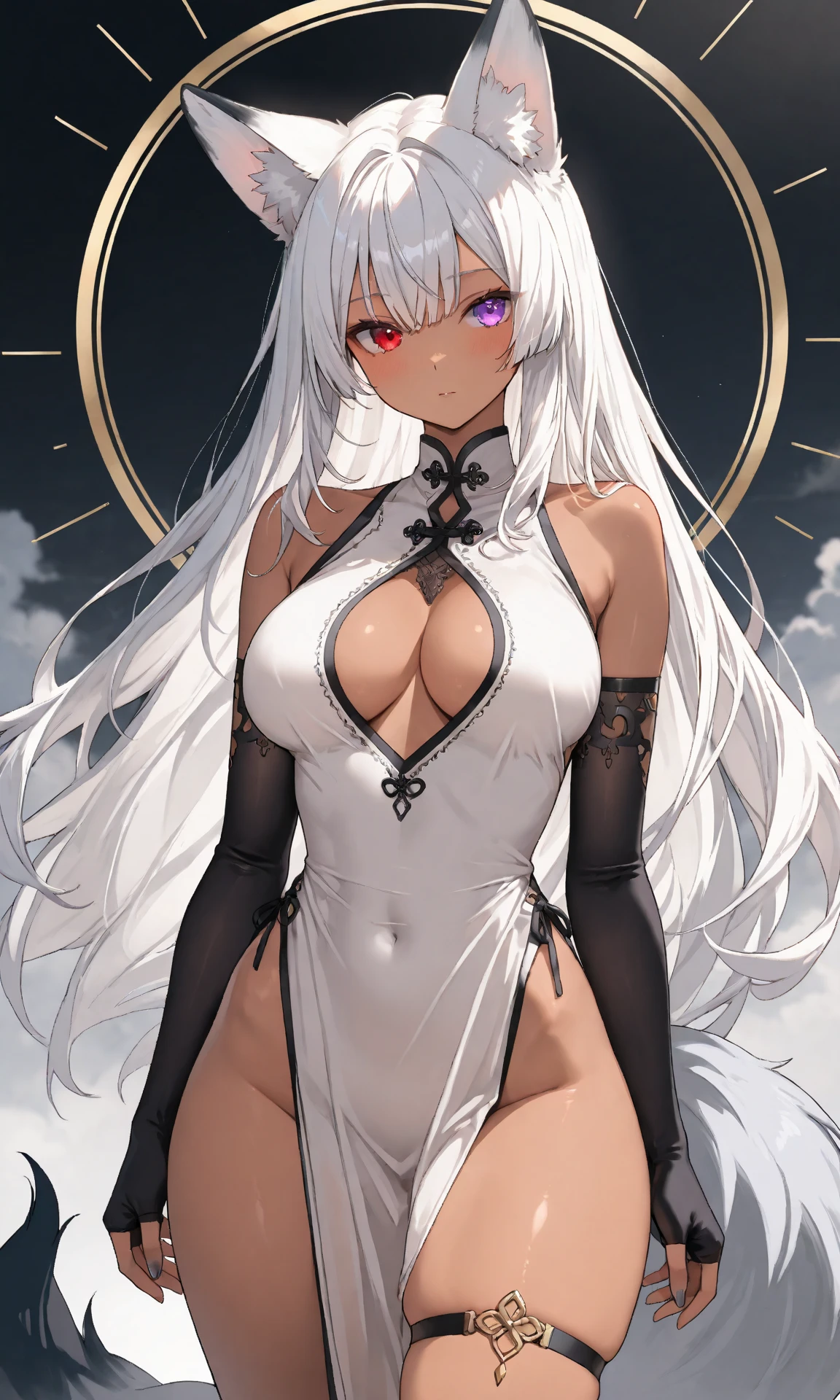 A silver-haired, dark-skinned woman in a black dress shirt and slim jeans　Belly button showing　Spread your legs　Hair down to shoulders