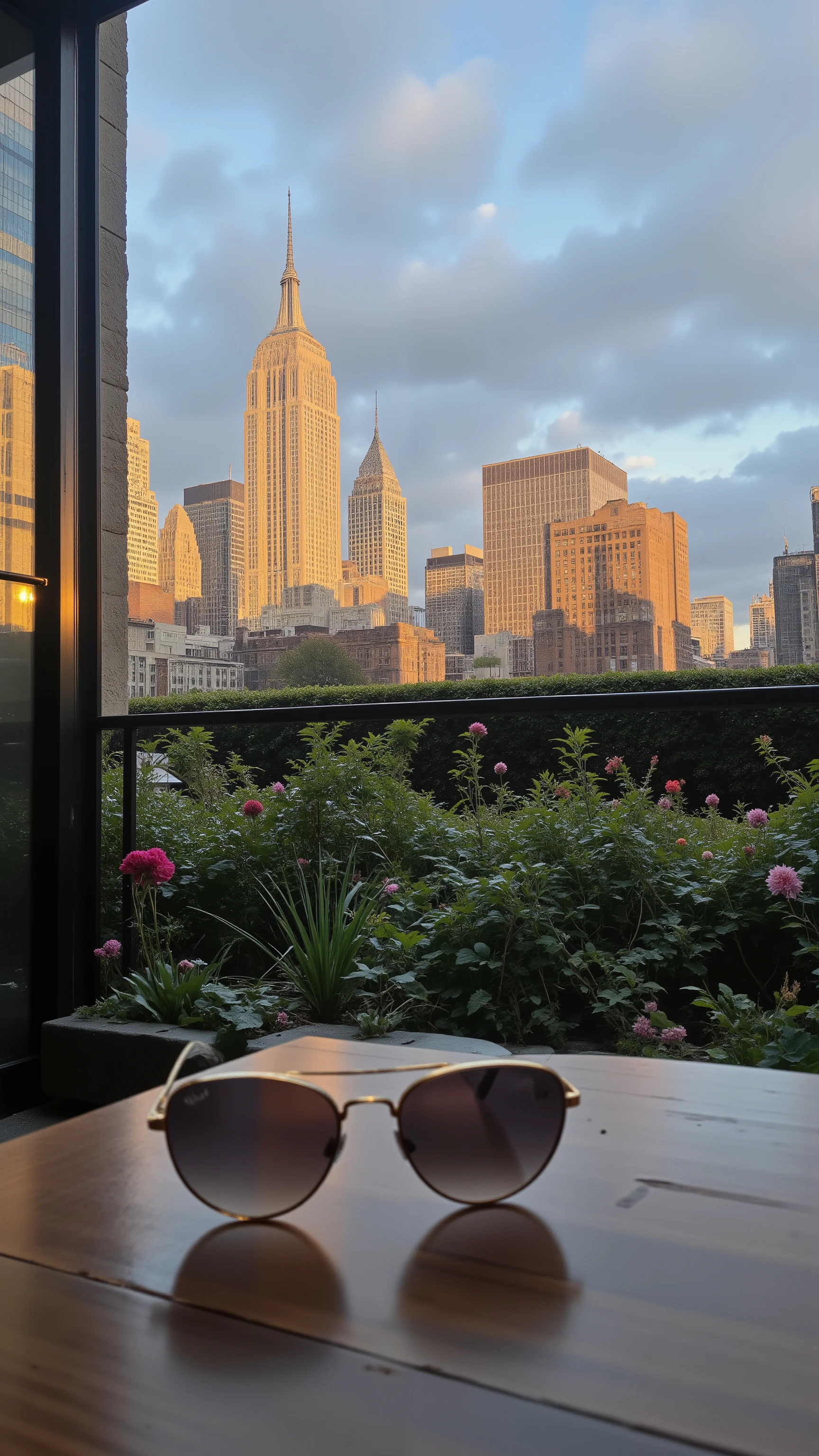 high-definition images、On the garden table at home(gold-rimmed sunglasses)is placed in front of it、I can see the skyscrapers of New York illuminated by the rising sun on my garden table