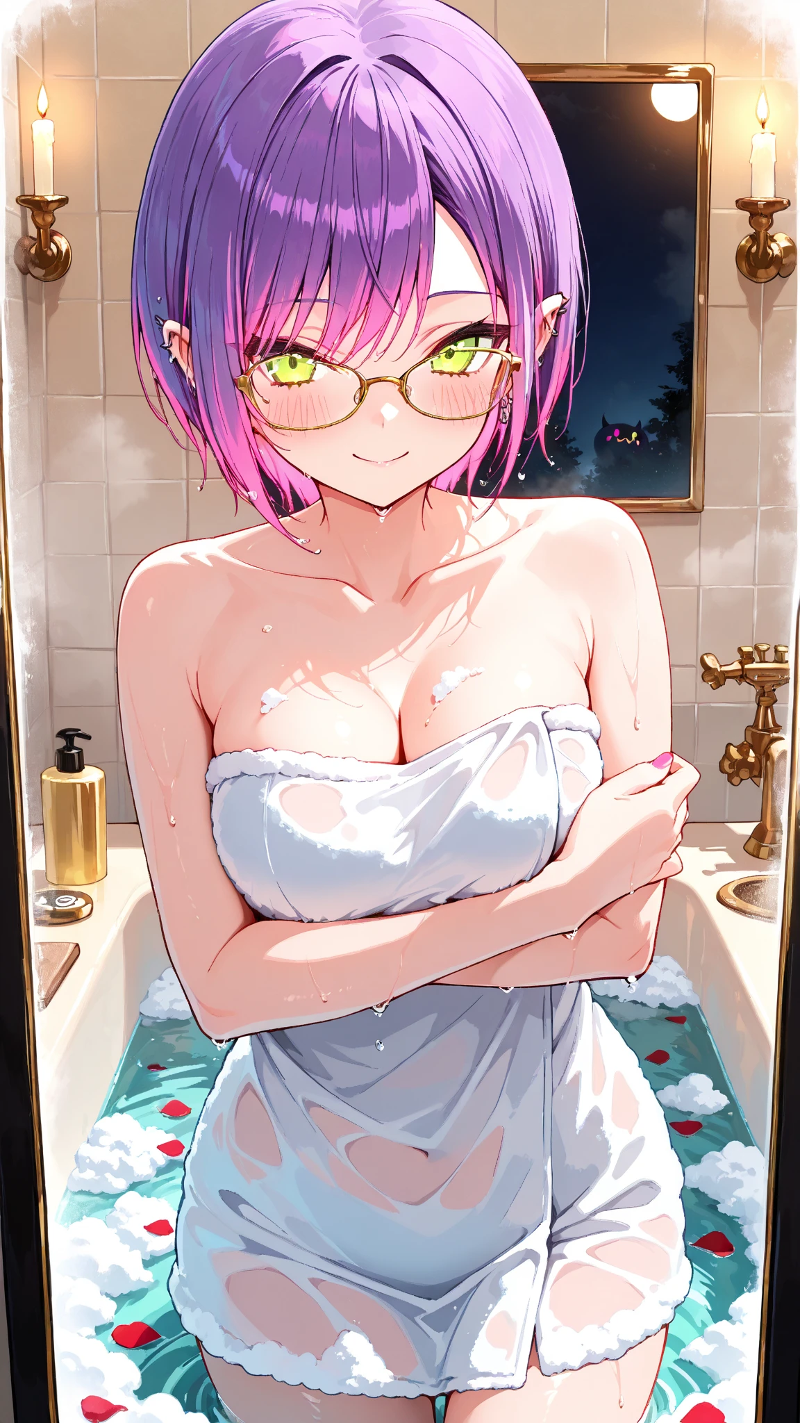 Primary school students、Pink Hair、Medium Bob、Green Eyes、Frameless Glasses、naked、bath、NSFW