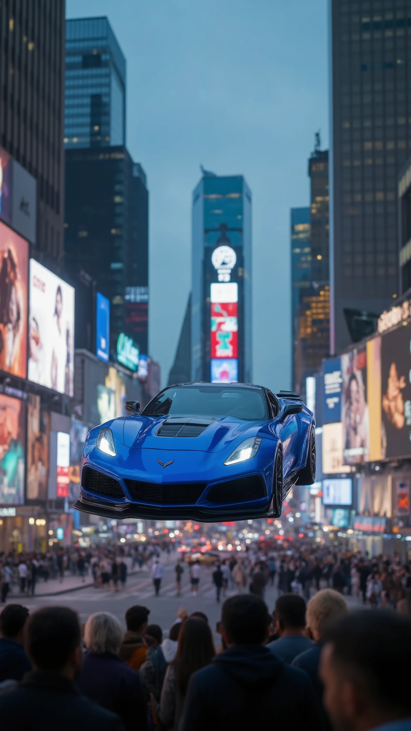 high-definition images、The newest blue Corvette Stingray is driving through the air at Times Square in New York、people々Looking up 