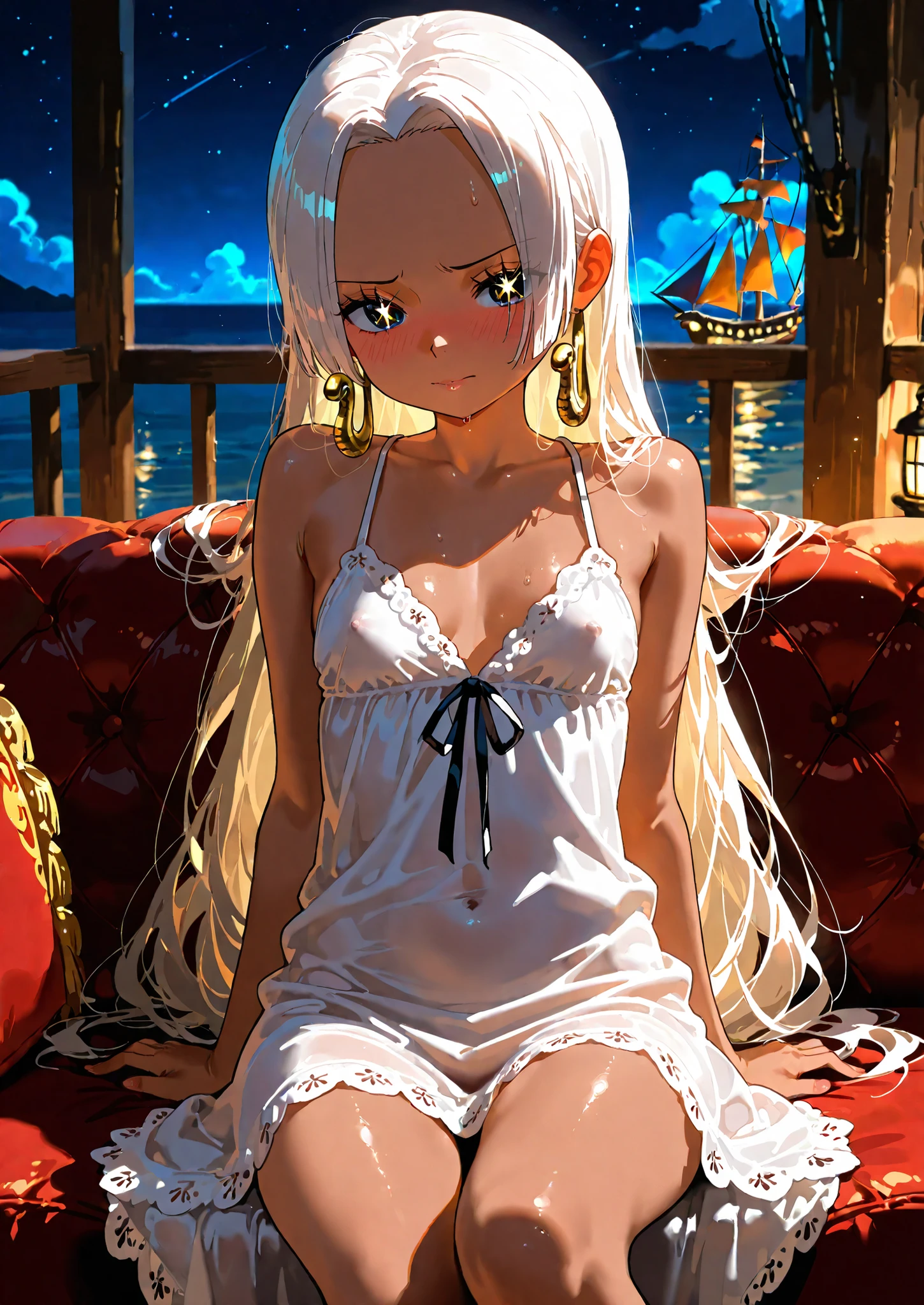 1girl, solo, s-snake, boa hancock, one piece, young loli, (dark skin:1.2), white hair, yellow star shaped eyes, plain white dress, shy, blushing, sitting on a couch, naturally sagging small breasts, seductive, sexy pose, alluring atmosphere, pirate ship cabin, night time, cinematic lighting and shadows, BREAK, masterpiece,top quality,warm color,high resolution,high fashion,absurdres extremely,vivid colors,intricate details,best quality,amazing quality,very aesthetic,newest,ultra-detailed,nsfw,