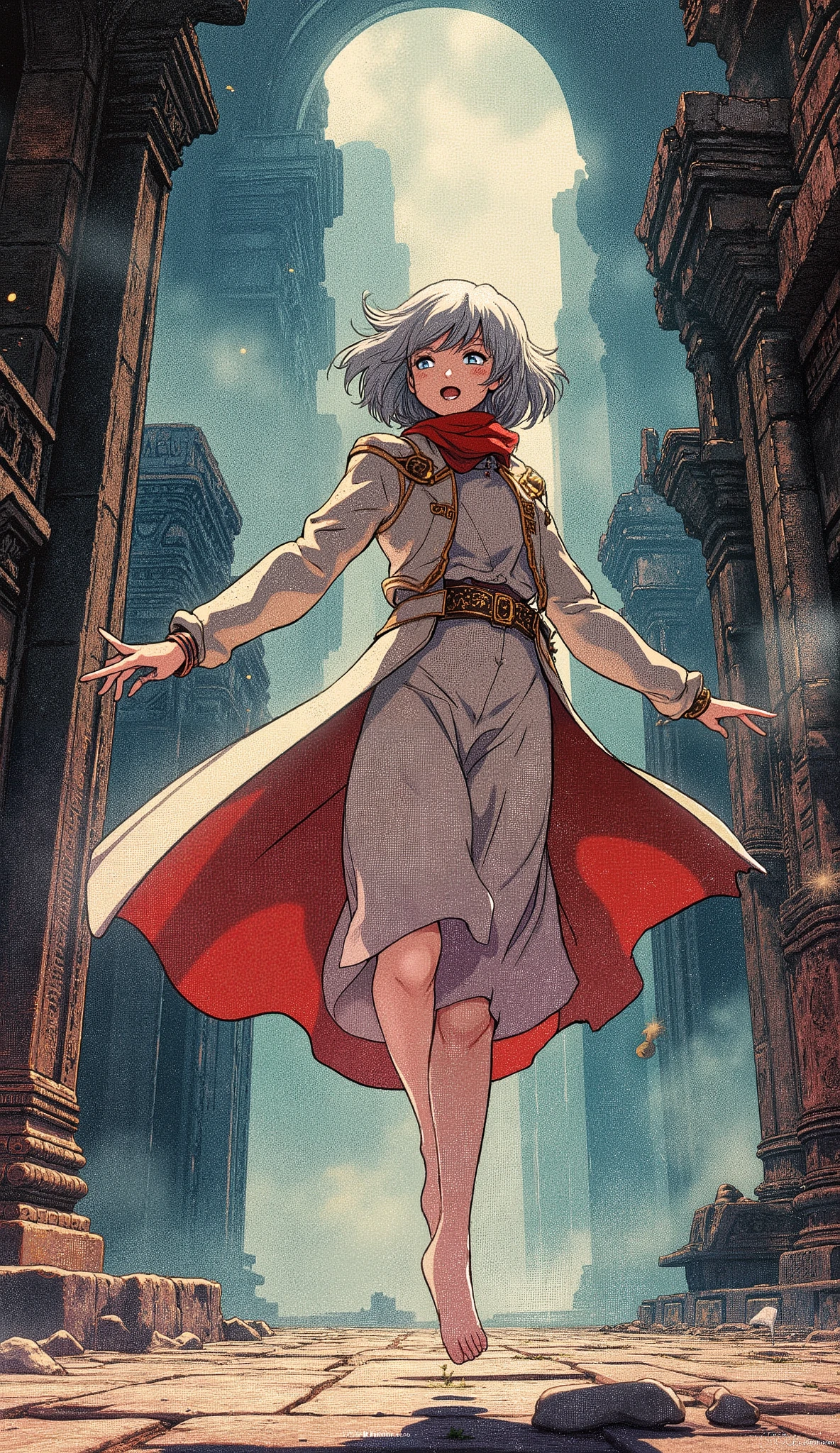 masterpiece, best quality, ultra-detailed, exquisite mature anime illustration, fantasy realism. A petite young girl with short gray hair, fair skin, and luminous bright eyes, captured with a joyful, innocent expression and a cheerful, open-mouthed smile. She is dressed in a stylish two-piece fantasy outfit: a long, elegant coat with a stand-up collar and short sleeves, its hem billowing dynamically around her, worn over a fitted short shirt and a matching skirt. Barefoot, she is joyfully skipping and leaping in front of an ancient, mystical temple with intricate fantasy architecture. The pose is dynamic and carefree, conveying a sense of pure, unadulterated happiness. Dramatic low-angle shot, cinematic lighting, vibrant and rich color palette. Perfect human anatomy, perfect hands with five normal fingers.
