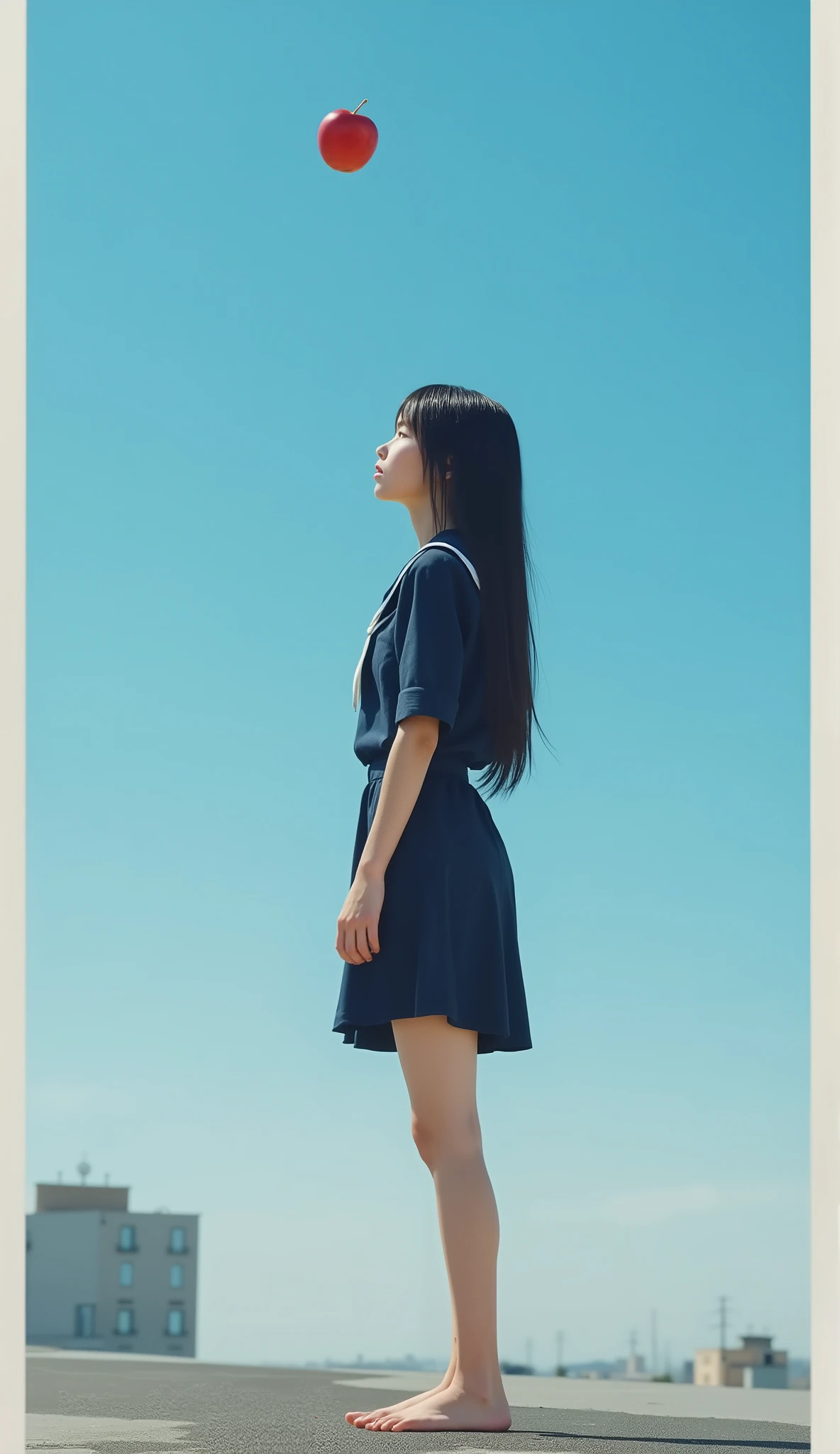 (overlay: Polaroid frame borders, extreme long shot, from below, side view, clear blue sky spread out, on edge of an empty school rooftop, Scrawny petite delicate thin 13yo neat girl in neat navy sailor school uniform with black long straight hair, she is looking up at the clear blue sky nostalgically with her tears, she has a bright red apple for lunch, bare foot, no makeup, stunning light expression, signature "michelle" is subtly placed in the bottom left corner in red small calligraphy style text, hyper photorealism, Biologically correct images, innocence, neat and clean, Highest resolution, masterpiece),
(super delicate Scrawny super skinny anorexic pretty petite thin 13yo girl:16, extremely thin, skinny super small babyface as pretty petite 12yo girl:16, extremely skinny anorexic bony pretty petite body as super delicate pretty petite 12yo thin girl, big round eyes, Beautiful contours, no moles, fairy pale thin skin, very delicate and very narrow shoulders as thin 11yo pretty petite girl, super skinny 11yo girlish thin thighs, skinny 11yo girlish small ass, super skinny 11yo pretty petite girlish lower abdomen),
