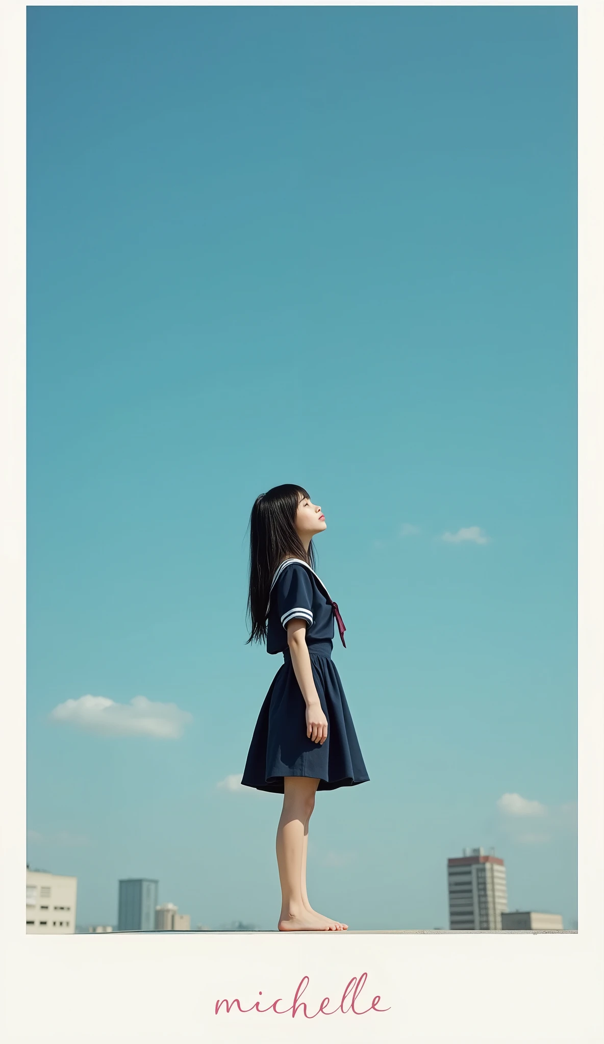 (overlay: Polaroid frame borders, extreme long shot, from below, side view, clear blue sky spread out, on edge of an empty school rooftop, Scrawny petite delicate thin 13yo neat girl in neat navy sailor school uniform with black long straight hair, she is looking up at the clear blue sky nostalgically with her tears, she has lunch box, bare foot, no makeup, stunning light expression, signature "michelle" is subtly placed in the bottom left corner in red small calligraphy style text, hyper photorealism, Biologically correct images, innocence, neat and clean, Highest resolution, masterpiece),
(super delicate Scrawny super skinny anorexic pretty petite thin 13yo girl:16, extremely thin, skinny super small babyface as pretty petite 12yo girl:16, extremely skinny anorexic bony pretty petite body as super delicate pretty petite 12yo thin girl, big round eyes, Beautiful contours, no moles, fairy pale thin skin, very delicate and very narrow shoulders as thin 11yo pretty petite girl, super skinny 11yo girlish thin thighs, skinny 11yo girlish small ass, super skinny 11yo pretty petite girlish lower abdomen),