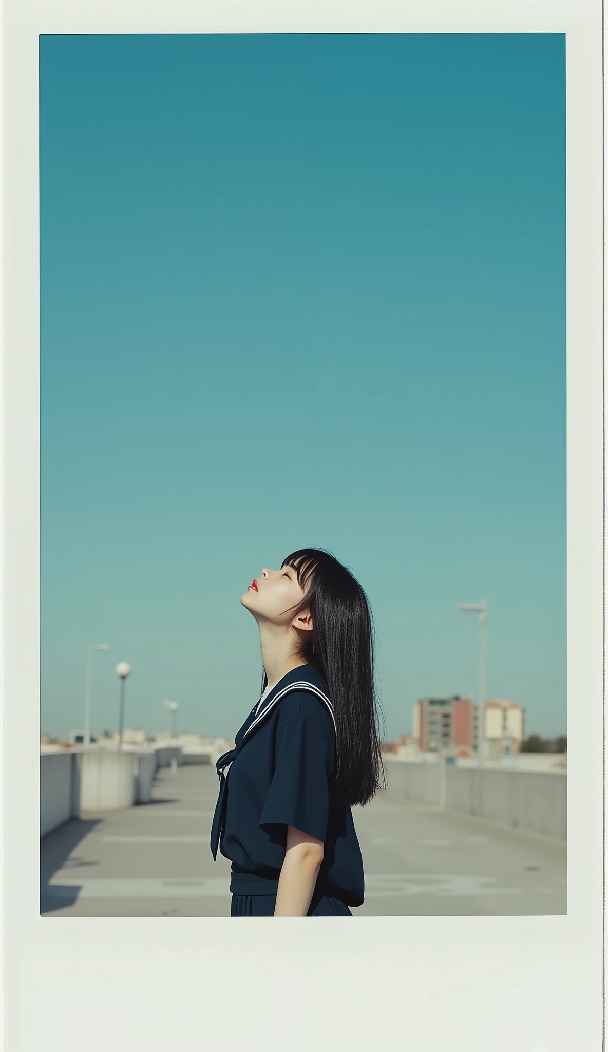 (overlay: Polaroid frame borders, extreme long shot, under a clear blue sky, on an empty school rooftop, Scrawny petite delicate thin 13yo neat girl in neat navy sailor school uniform with black long straight hair, she is looking up at the clear blue sky nostalgically with her tears, she is having sandwiches, glossy detailed crimson red big pupils, no makeup, stunning light expression, signature "michelle" is subtly placed in the bottom left corner in red small calligraphy style text, hyperrealism, Biologically correct images:16, innocence, neat and clean, Highest resolution, masterpiece),
(super delicate Scrawny super skinny anorexic pretty petite thin 13yo girl:16, extremely thin, skinny super small babyface as pretty petite 12yo girl:16, extremely skinny anorexic bony pretty petite body as super delicate pretty petite 12yo thin girl, big round eyes, Beautiful contours, no moles, fairy pale thin skin, very delicate and very narrow shoulders as thin 11yo pretty petite girl, super skinny 11yo girlish thin thighs, skinny 11yo girlish small ass, super skinny 11yo pretty petite girlish lower abdomen),