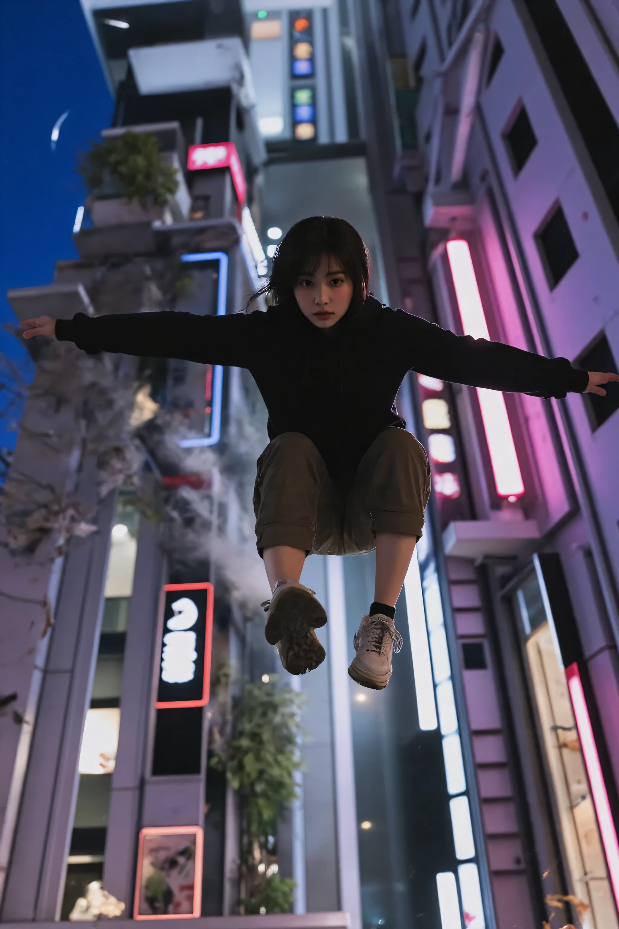 A hyper-realistic cinematic night photo of a young female parkour athlete captured in the split second just before landing after jumping down from a high rooftop.
The camera is positioned on the ground, looking sharply upward from an extreme low-angle worm’s-eye perspective, emphasizing height and motion.
She is descending rapidly toward the ground, her body leaning forward dynamically, arms slightly spread for balance and knees bent to absorb the impact.
Her head is angled downward, eyes focused intently on the landing spot below.
Her short black hair flutters upward from the motion.
She wears a black street-style hoodie, cargo shorts, and sneakers.
The city night glows behind her — neon lights, car headlights, and illuminated buildings — blurring slightly with motion.
Dust and small debris rise from the ground beneath her, capturing the tension of the moment before impact.
Cinematic rim lighting from blue and magenta neon, strong sense of gravity, realistic motion blur, ultra-detailed 8K photographic realism, dramatic vertical composition.