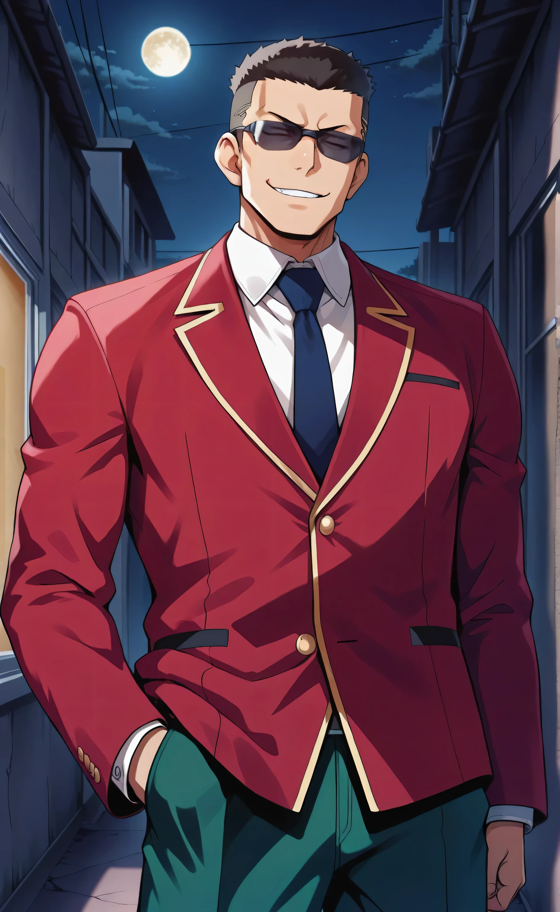 1male, solo, teenager, students, Vodka, black hair, short hair, crew cut, smirk, not eyes, sunglasses, red blazer, white shirt, blue necktie, green pants, big muscle, alley, night, moon, Classroom of the Elite style,