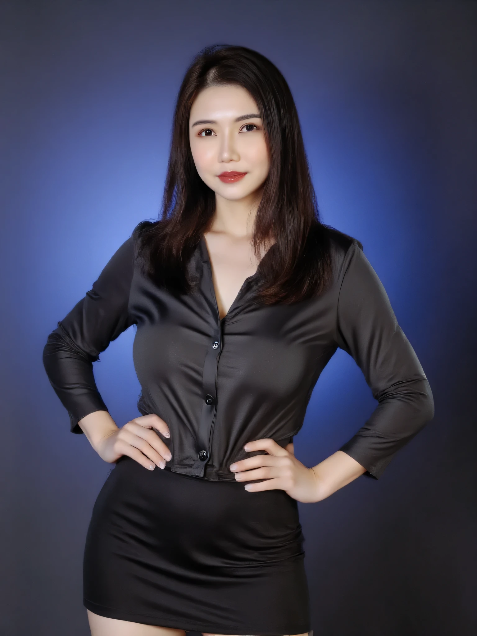 Ultra-realistic low-key studio portrait of a confident woman with long straight dark hair, wearing a fitted black satin blouse slightly unbuttoned at the  and a high-waisted black skirt. She stands with both hands on her , exuding elegance and strength. Her hair moves naturally as if stirred by a soft studio fan, adding dynamic motion to the composition. The scene features soft cinematic low-key lighting with a faint side ultraviolet (black light) gel accent that casts a subtle violet-blue edge glow along her hair and silhouette. The background is a deep bluish-dark gradient that complements the lighting mood. High-definition editorial-style photography with balanced contrast, glossy satin reflections, realistic skin texture, and professional-grade depth and shadows.