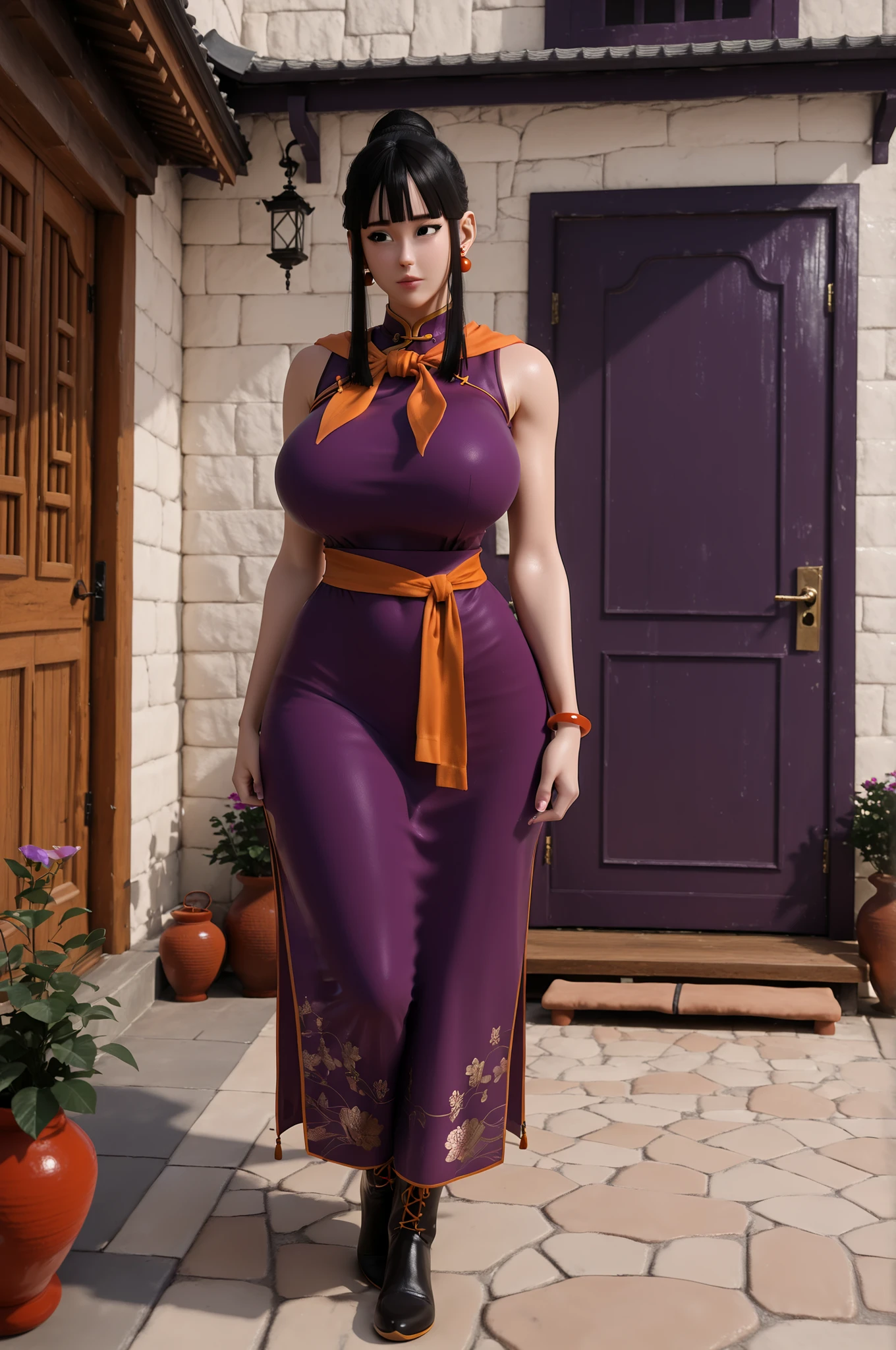 masterpiece, best quality, perfect quality, absurdres, highres, newest, absolutely eye-catching, intricate, highly detailed, detailed background, highly detailed face, detailed eyes, 1girl, curvy, plump, ch1ch1-dmx, hair bun, black hair, bangs, sidelocks, blunt bangs, black eyes, huge breasts, wide hips, jewelry, earrings, orange neckerchief, purple chinese clothes, bracelet, pointy_boots , sleeveless, bare shoulders, front view, wide shot, full body, outdoors. door, house, 