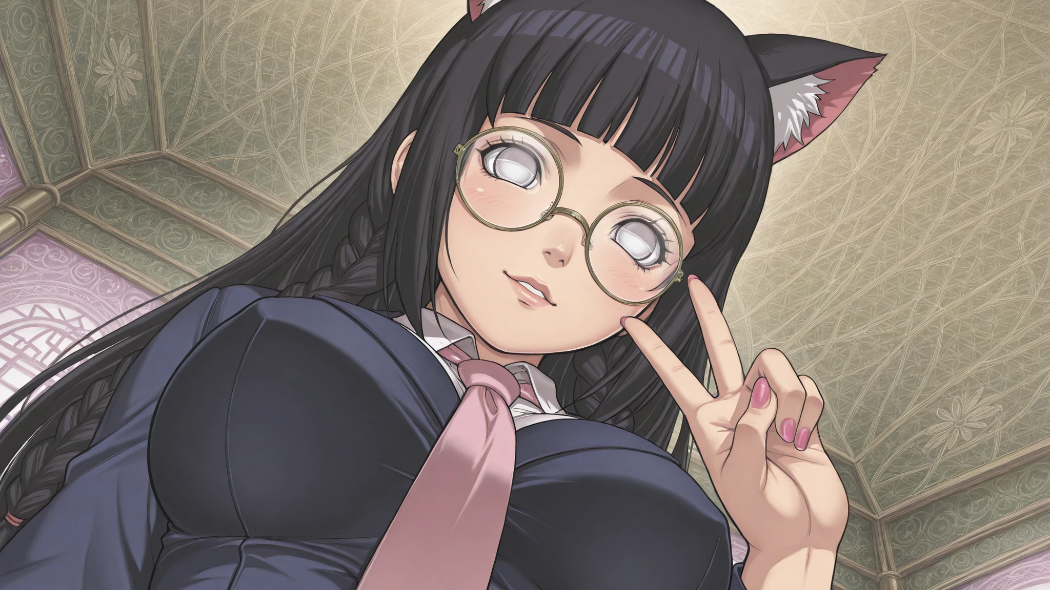 Hinata Hyuuga \(Naruto serie\) featuring a cheerful young woman with long, dark black hair styled in two braids with cat ears, wearing gold-rimmed glasses and a blue blazer with a pink tie. she has a playful expression and is making a peace sign with her right hand, with her left hand raised in a friendly gesture. the woman is positioned in the middle of the image, facing the viewer and looking directly at them with large, expressive eyes. her hair is adorned with pink and green cat-shaped hair clips, adding a playful touch to her overall appearance. the background is a colorful, abstract design with shades of pink, green, and gold, creating a vibrant and lively atmosphere. with bold lines and vibrant colors that bring out the character's cheerful expression and playful demeanor.close-up camera angle, 1girl, solo, unrivaled beauty, long hair, black hair, sidelocks, white eyes, big eyes,no pupils, tareme, round glasses, Pretty girl with pink nails, blunt bangs, lips, large breasts, slightly purple white eyes, long straight hair, light blush, eyebrows, porcelain skin, skin tight, lips, dramatic angle, Dynamic Poses,clothing texture, detailed eyes, beautiful face, beautiful girl, beautiful body, beautiful hair, ((Detailed background :1.5)). (HD eyes:1.4), ((4k,8k,Ultra HD)), {perfect body},cute face, soft lips,2000s style,
