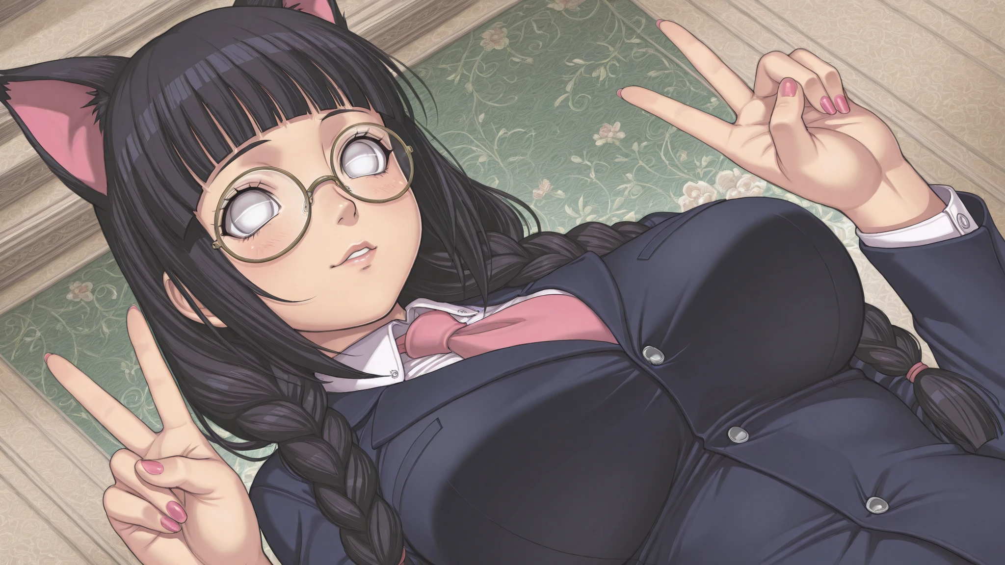 Hinata Hyuuga \(Naruto serie\) featuring a cheerful young woman with long, dark black hair styled in two braids with cat ears, wearing gold-rimmed glasses and a blue blazer with a pink tie. she has a playful expression and is making a peace sign with her right hand, with her left hand raised in a friendly gesture. the woman is positioned in the middle of the image, facing the viewer and looking directly at them with large, expressive eyes. her hair is adorned with pink and green cat-shaped hair clips, adding a playful touch to her overall appearance. the background is a colorful, abstract design with shades of pink, green, and gold, creating a vibrant and lively atmosphere. with bold lines and vibrant colors that bring out the character's cheerful expression and playful demeanor.close-up camera angle, 1girl, solo, unrivaled beauty, long hair, black hair, sidelocks, white eyes, big eyes,no pupils, tareme, round glasses, Pretty girl with pink nails, blunt bangs, lips, large breasts, slightly purple white eyes, long straight hair, light blush, eyebrows, porcelain skin, skin tight, lips, dramatic angle, Dynamic Poses,clothing texture, detailed eyes, beautiful face, beautiful girl, beautiful body, beautiful hair, ((Detailed background :1.5)). (HD eyes:1.4), ((4k,8k,Ultra HD)), {perfect body},cute face, soft lips,2000s style,