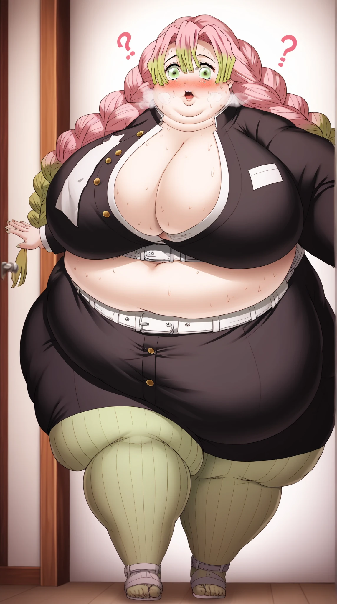 1 girl, super wide , super , thicc, green skirt, white belt, purple boots, purple jacket, long green hair, green earrings, super , masterpiece, green eyes, dark green hair, highres, super large thighs, , thicc , super large , One Piece, nervous smile, curvy, panties