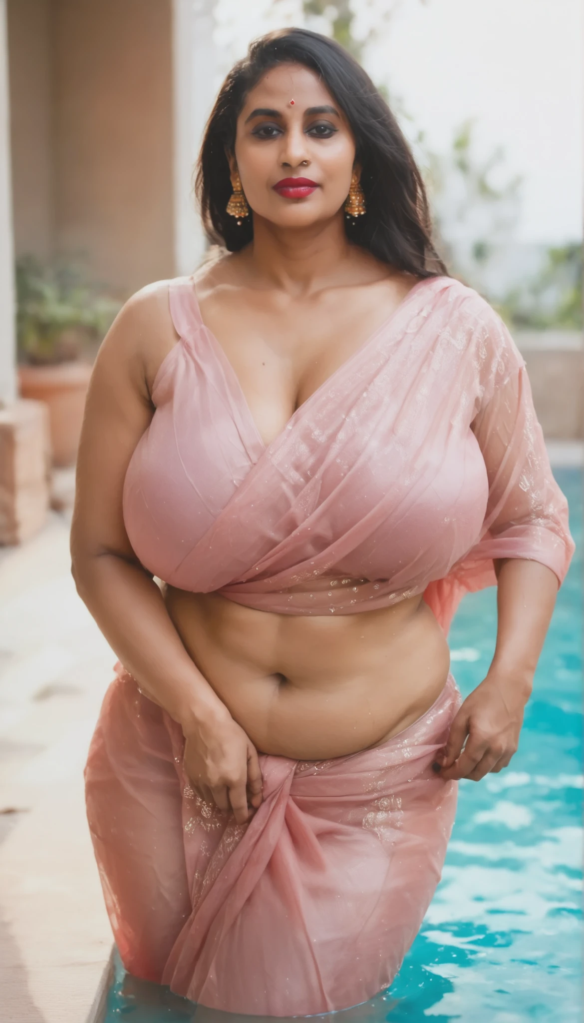 1woman, solo, mature, simple look, no jewellery, Indian woman,huge breast, thick wide hips, thick wide thighs, thick muscular thighs, exposed thighs, oily skin, shiny skin, black saree, realistic skin, chubby hips, wide curvy hips, voluptuous body, Curvy body, thicc woman, navel, exposed belly, abs line, indian woman, indian baddie, indian culture, red bindi on her forehead, red lipstick, masterpiece, looking at viewer, half body, closer, perfect lighting, wet skin, on water, wet clothes,