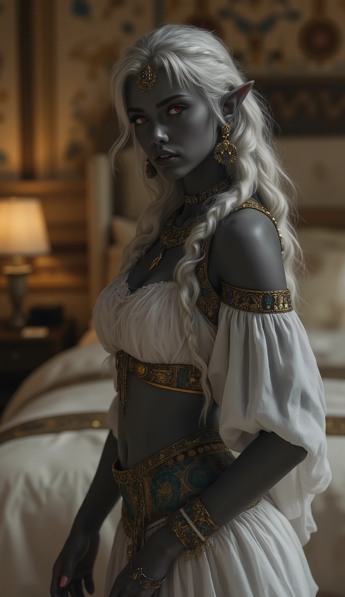 близкий portrait,hyperrealistic photo,rich warm colors,photo style 1980xx : Upper body shot, (1a grey-skinned teen-European woman -dark elf(Drow), ((a dark elf,(drow),dark gray skin, red eyes, silver hair)), pointed elf ears, grey skin, light silver hair, closed mouth, ancient Egyptian noble attire, Egyptian jewelry, dynamic pose, complex fantasy character, NSFW, cinematic lighting, fantasy, magic, detailed background, in an ancient Egyptian palace, best quality, HDR, 8k, photorealistic, RAW photo, highly detailed (grey skin,Drow-elf),princess,beautysexy body,skinned,(dressed as a princess of ancient Egypt)(elf-drow-princess of ancient Egypt)(dark gray skin, dark elf,full length,short tunic,beautiful thin hips)slender thin calves,gold lace-up sandals,sexuality,dynamic pose ,posing for the camera,against the backdrop of a king bedroom in ancient Egypt,portrait,posing for the camera,bedroom,queen,