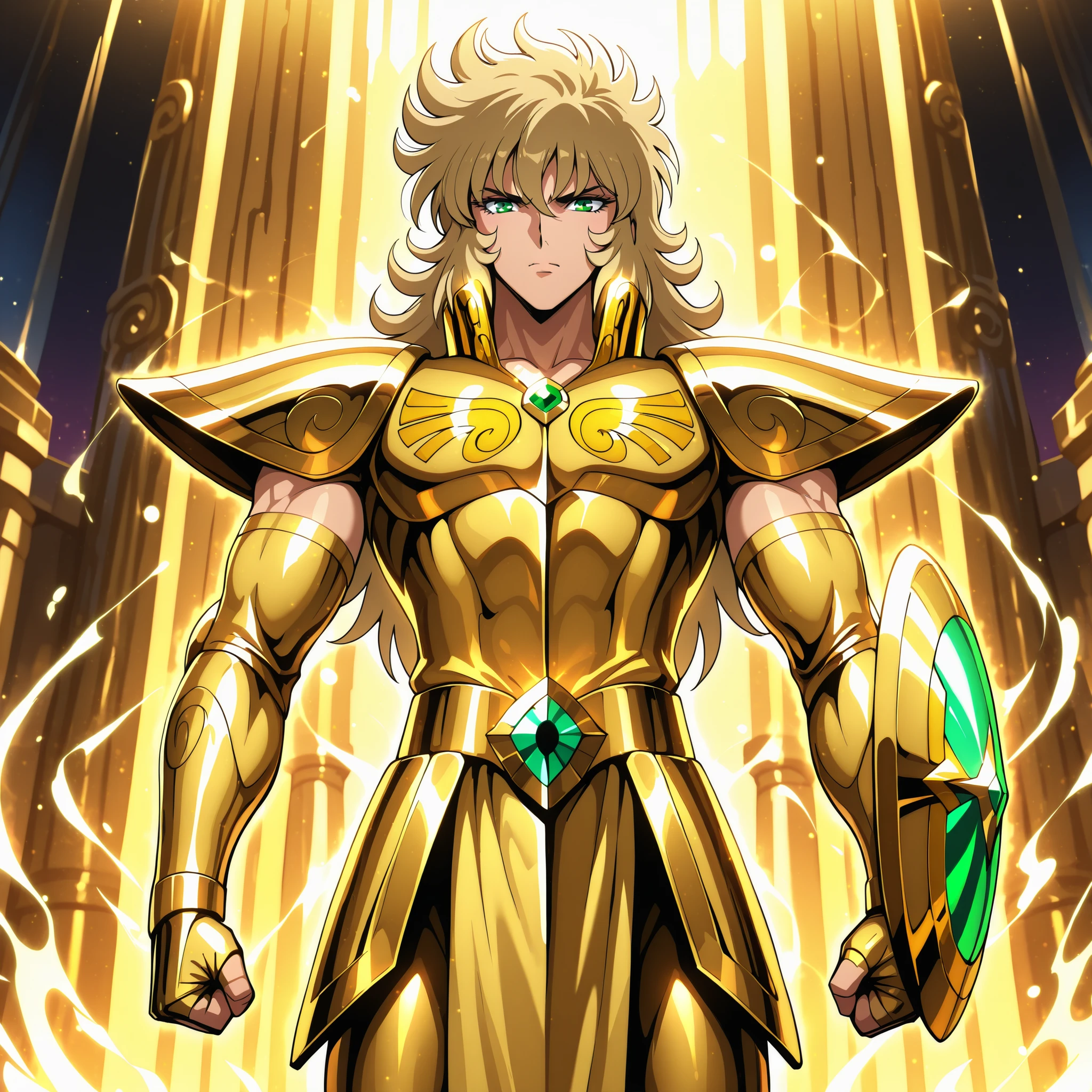 Highly detailed anime-style fantasy illustration with vibrant lighting and divine atmosphere. Aiolia  stands proudly wearing the Gold Cloth of Libra, inspired by Saint Seiya. His build is athletic and lean, not overly muscular. He has messy blond hair, intense green eyes, and a calm but confident expression. The Libra Cloth shines in radiant gold with intricate mechanical details on the arms and shoulders, symbolizing balance and justice. His Legendary Shield is integrated into the design, glowing faintly with emerald energy. Background: a temple of golden pillars, bathed in sunlight and cosmic aura. Heroic pose. Armor gleaming. Smooth and reflective metal.