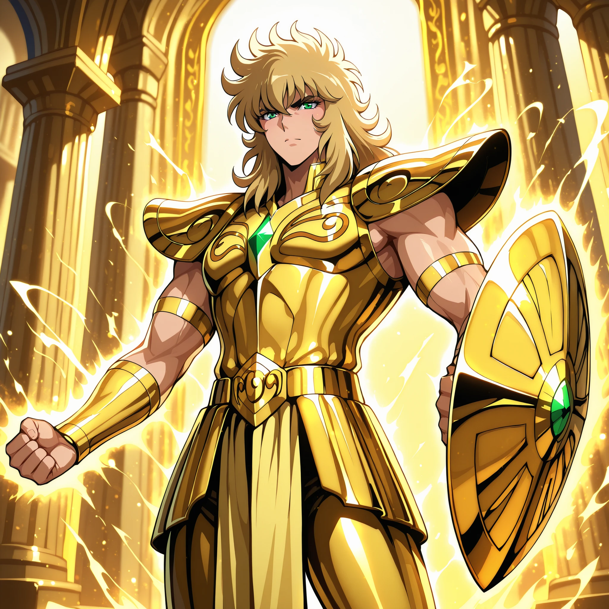 Highly detailed anime-style fantasy illustration with vibrant lighting and divine atmosphere. Aiolia  stands proudly wearing the Gold Cloth of Libra, inspired by Saint Seiya. His build is athletic and lean, not overly muscular. He has messy blond hair, intense green eyes, and a calm but confident expression. The Libra Cloth shines in radiant gold with intricate mechanical details on the arms and shoulders, symbolizing balance and justice. His Legendary Shield is integrated into the design, glowing faintly with emerald energy. Background: a temple of golden pillars, bathed in sunlight and cosmic aura. Heroic pose. Armor gleaming. Smooth and reflective metal.
