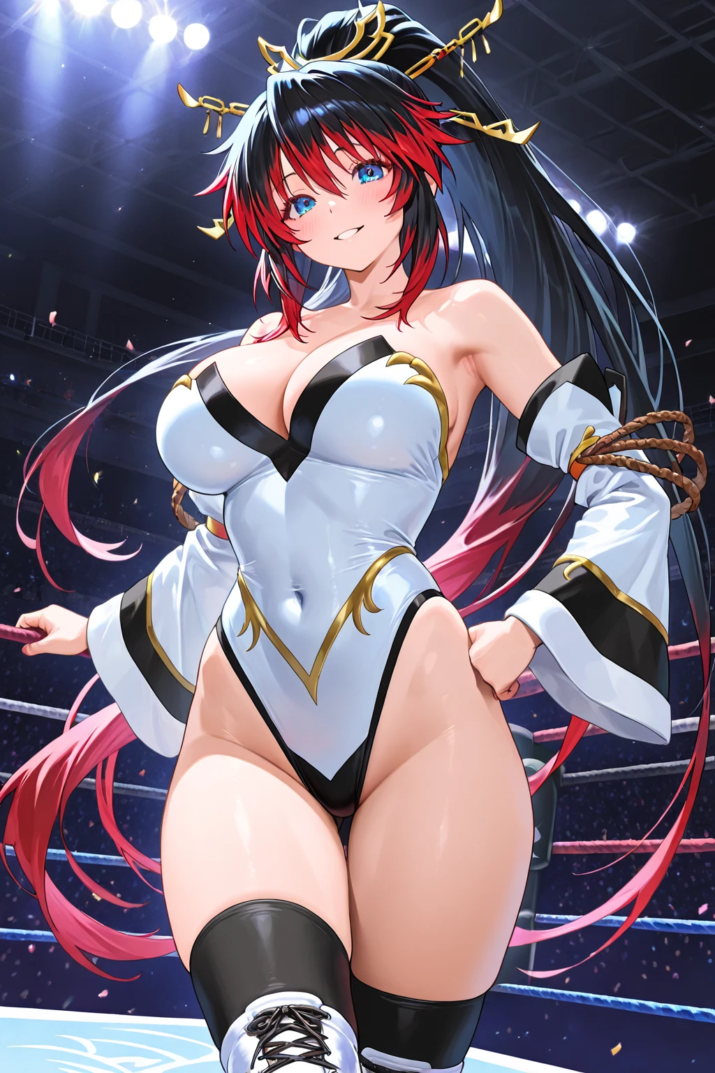 smile, edgfewr, wearing edgfewr_costume, blue eyes, red hair, wide , , stadium, spotlight, <lora:Shuz-10:0.6>, <lora:edgFemaleWresting:0.6>