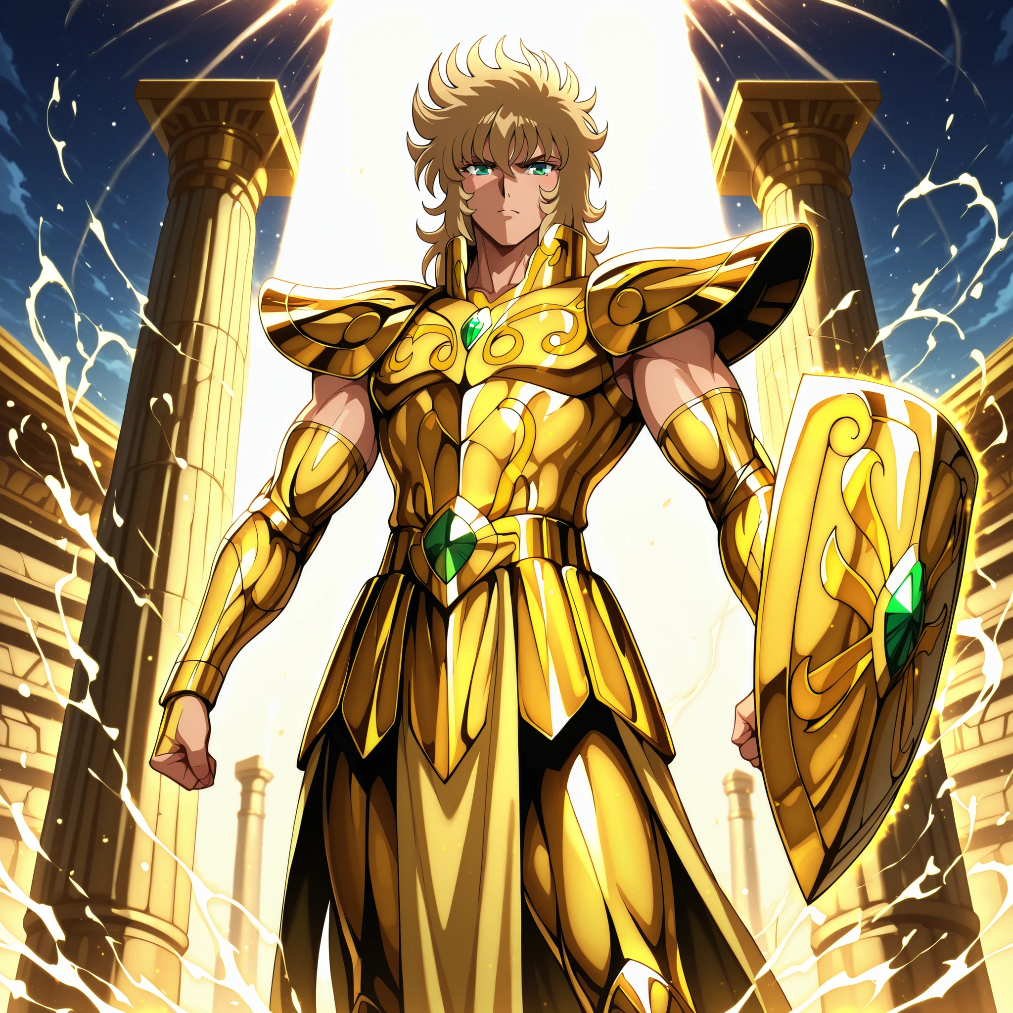 Highly detailed anime-style fantasy illustration with vibrant lighting and divine atmosphere. Aiolia  stands proudly wearing the Gold Cloth of Libra, inspired by Saint Seiya. His build is athletic and lean, not overly muscular. He has messy blond hair, intense green eyes, and a calm but confident expression. The Libra Cloth shines in radiant gold with intricate mechanical details on the arms and shoulders, symbolizing balance and justice. His Legendary Shield is integrated into the design, glowing faintly with emerald energy. Background: a temple of golden pillars, bathed in sunlight and cosmic aura. Heroic pose. Armor gleaming. Smooth and reflective metal.
