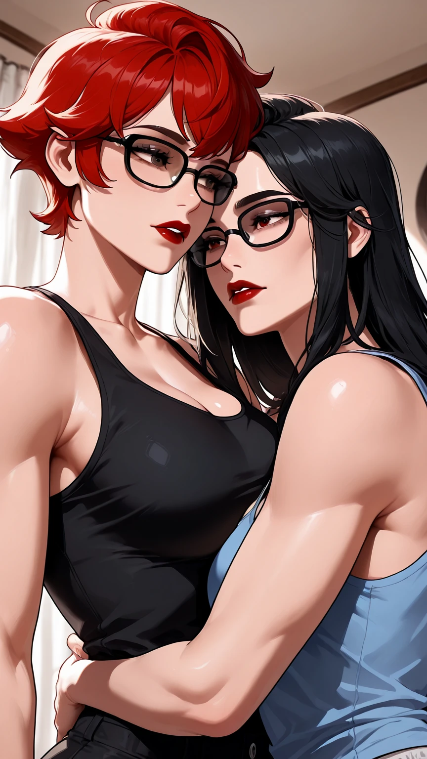 rating_, beautyful woman, gothic, mature woman, tattoos in whole body, slim body, slender body, long sidecut hair, lilac hair, long hair, black lipstick, lesbian  , 2 woman, japanese woman, long black hair, kissing, motel room, night, smile, 