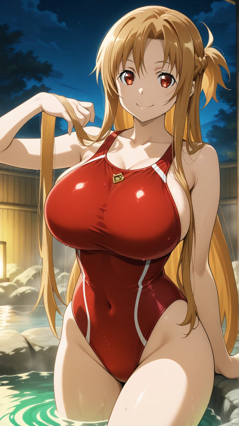score_9,score_8_up,score_7_up,18 year old,1girl,asuna \(sao-alo\), sword art online,yuuki asuna,nsfw,brown eyes, brown hair, long hair, bangs, braid,standing,leg lift,hand on hip, holding cup,seductive-smile,blush,large breasts,brown hair,parted hair,long hair,red dress ,plunging neckline,center opening,cleavage,navel,earrings,bracelet,pool ,people,multiple strong man,