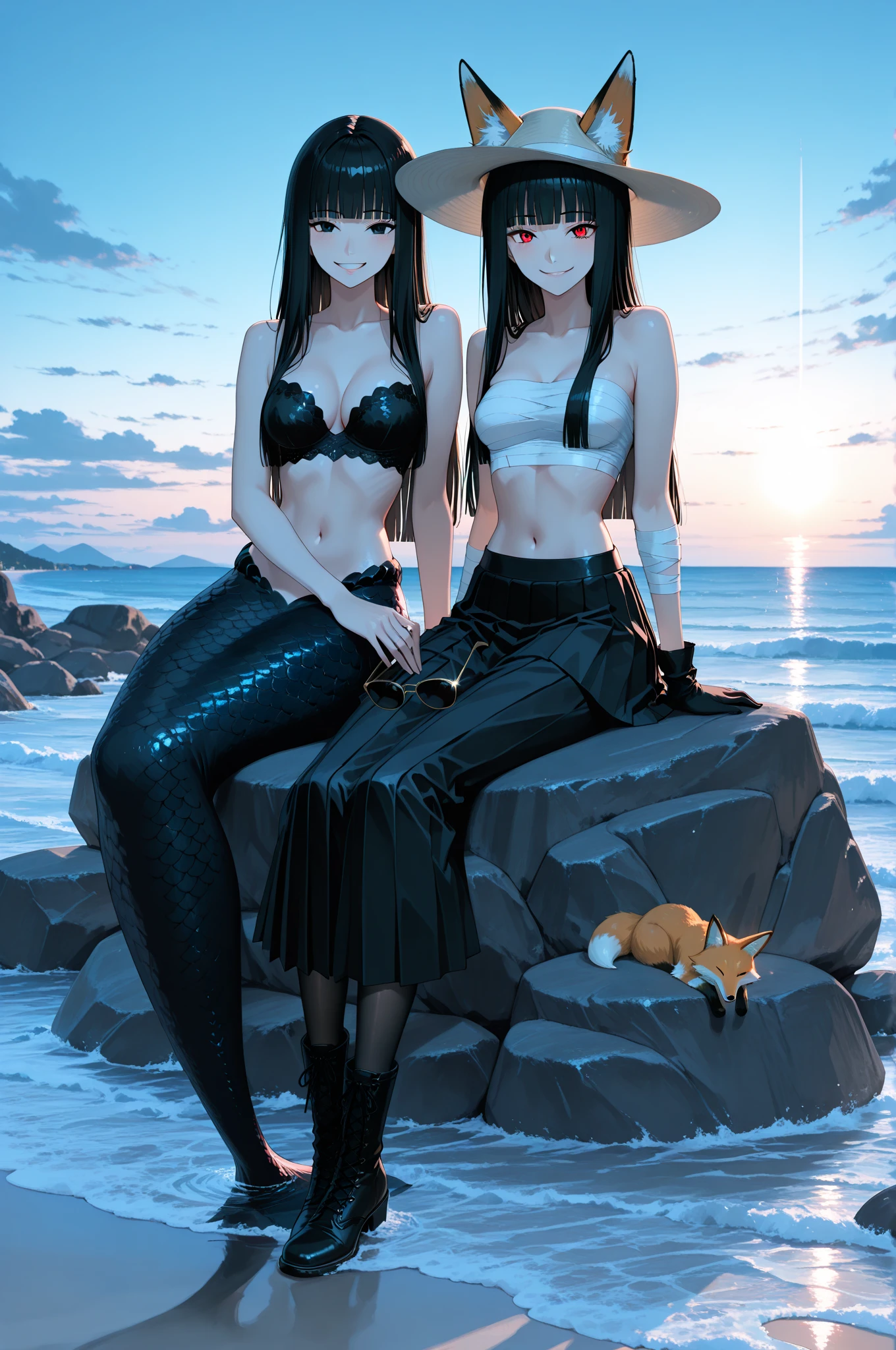 sawako, black hair, long hair, blunt bangs, black eyes, hime cut, black scales bra, mermaid, ((black mermaid scales)), looking at viewer, sitting on the rock, beach, hand hold sunglasses with gold frame on her lap, smiling, beach hat, <Akakitsune>, fox_ears, red_eyes, long_black_hair, blunt_bangs, white_sarashi_top, japanese_open_clothes, black_pleated_mini_skirt, bandaged_arm, black_gloves, bandaged_leg, black_pantyhose, black_boots_footwear, 2 girls, ((mermaid on rock, fox girl standing next to her)) hair swaying by the wind, beautiful scenery, 