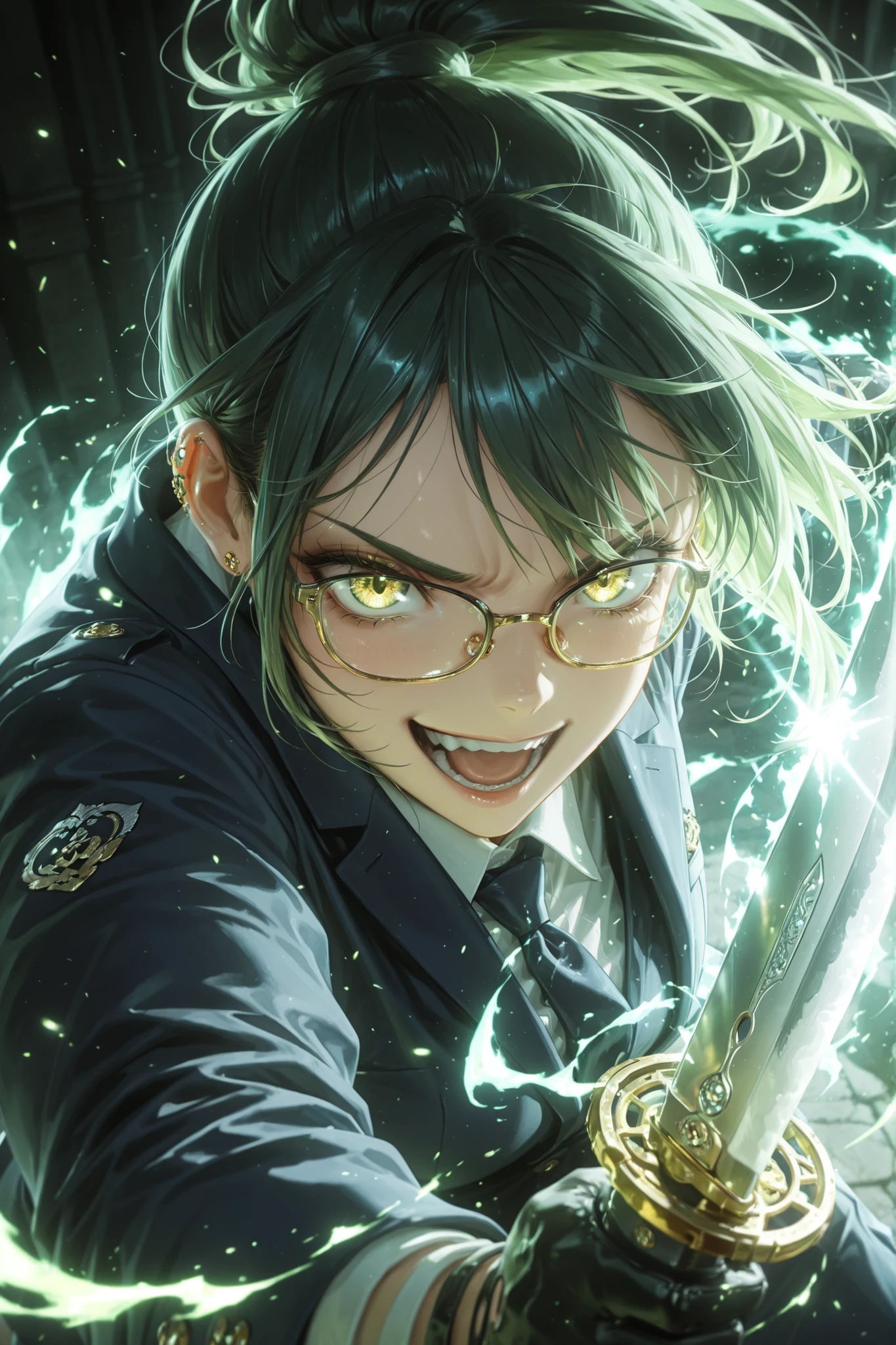 masterpiece, best quality, high resolution, anime style, cinematic lighting, dynamic action pose, a battle-crazed woman, ((gold-rimmed glasses)), piercing sapphire eyes, eyes wide open in a feral, aggressive glare, mouth open in a fierce, screaming, big crazy smile, wrinkles between the eyebrows, full of intense battle energy, sharp light reflecting off her glasses, subtle shadow on her eyes, green hair tied in a neat ponytail, strands flowing wildly with motion, wearing a well-tailored navy suit and black gloves, holding a combat knife ready for attack, low-angle perspective to emphasize her dominance and power, dramatic lighting highlighting her intense expression and gleaming glasses, the folds of her suit and hair moving dynamically with her movement, cinematic composition, focused framing, aura of a fearless, agile, and ferociously aggressive warrior