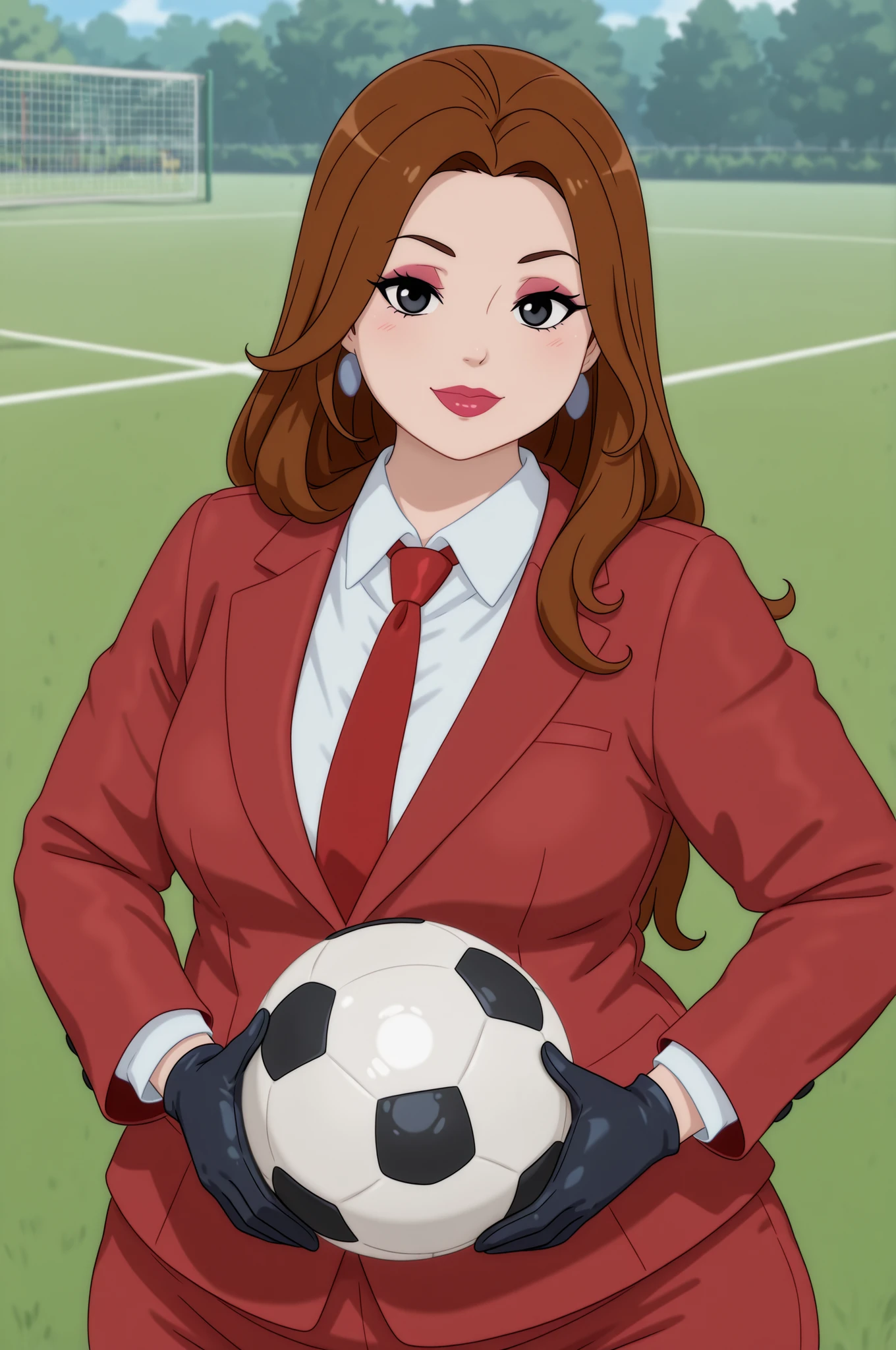 Debra, small . Pale red lipstick, brown hair, black eyes, pale red makeup, long hair, thick , chubby, overweight, chubby, fat, mature woman..| masterpiece, solo, upper body, tf2spy, red team, detailed eyes, red suit, red necktie, black gloves, smiling, detailed background, outdoors, looking at viewer, soccer ball, holding a soccer ball, soccer field, green lawn, soccer goal