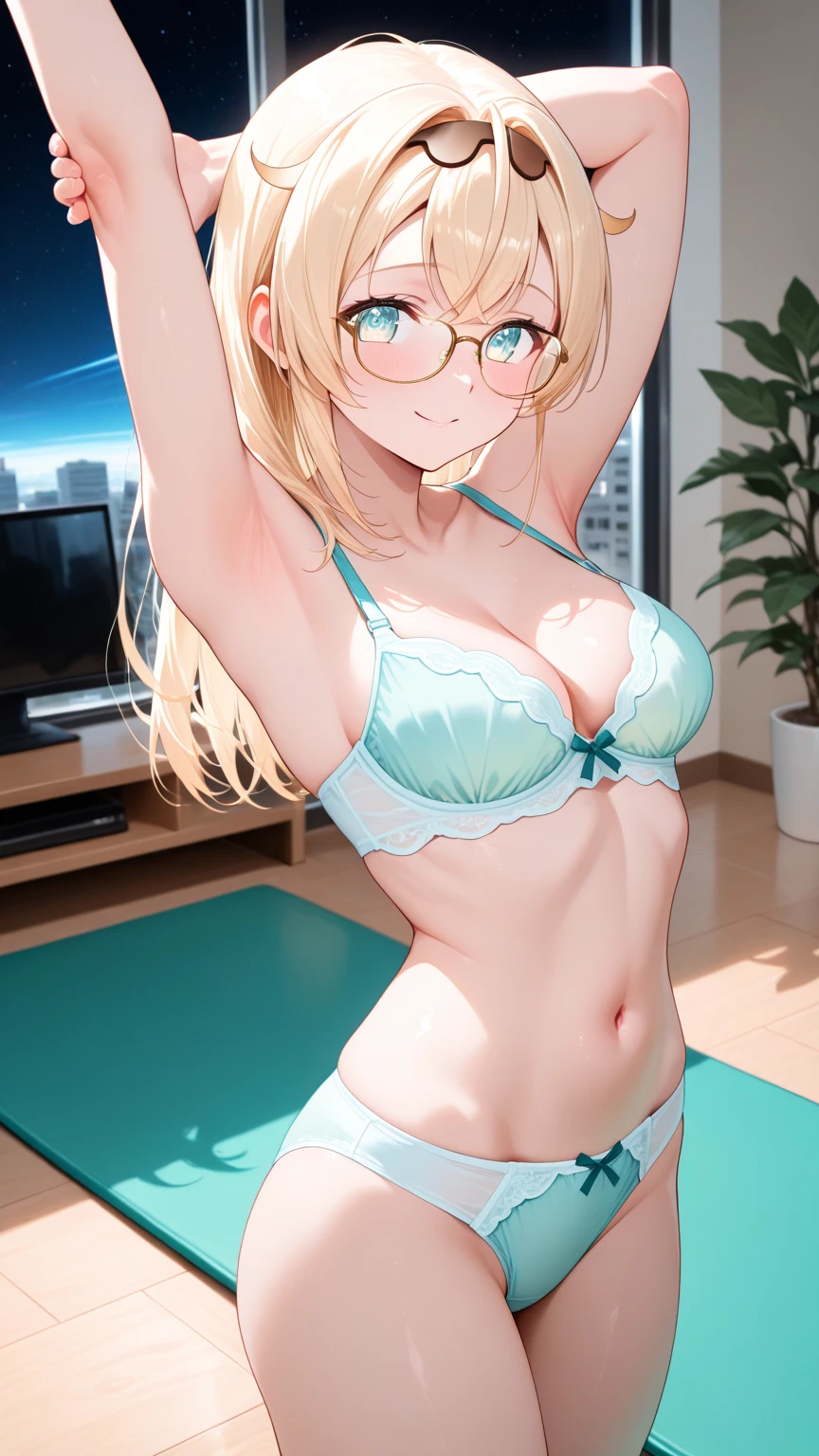 (masterpiece, best quality:1.2), full body, solo, Android 18 from Dragon Ball, ((plane navy competition swimsuit, , beautiful )), small , short blonde hair loose, ((close eyes)), (wearing glasses), earrings on earlobes, slender feminine figure, skinny body, cleavage, light blush, chill, organized, simple, white-based interior, a few plants, cloudy sky, terrace, magnificent view, blur background, 4K, on the cute chair, (pale blue chair), midriff-baring, beautiful armpits, arms up behind,