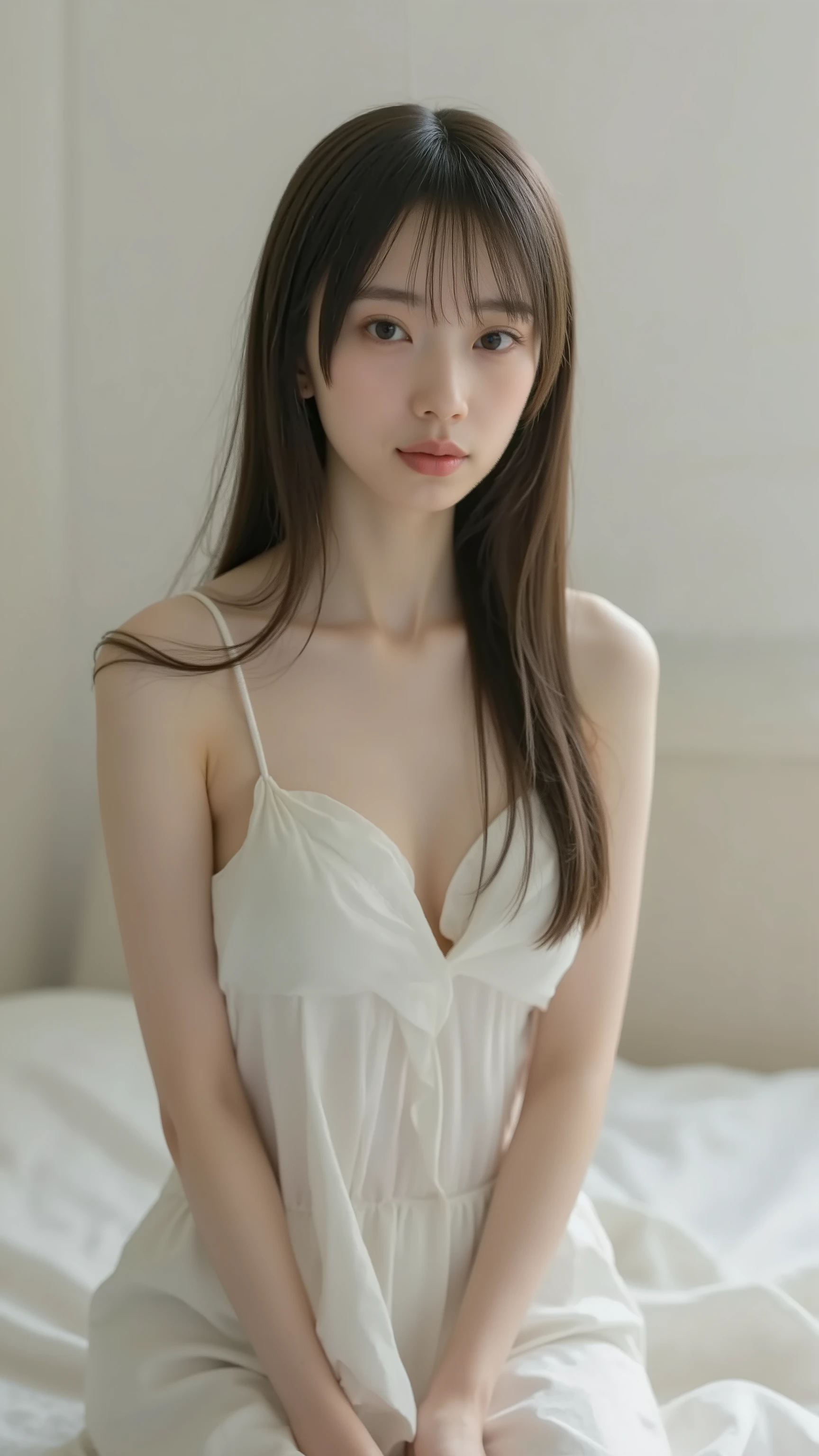 1girl, wearing a tank top with thin straps, Original photo, Highest Quality, very detailed, super detailed, high resolution, slim body, long hair, Natural Breasts, sitting on bed, A fair-skinned Japanese girl.