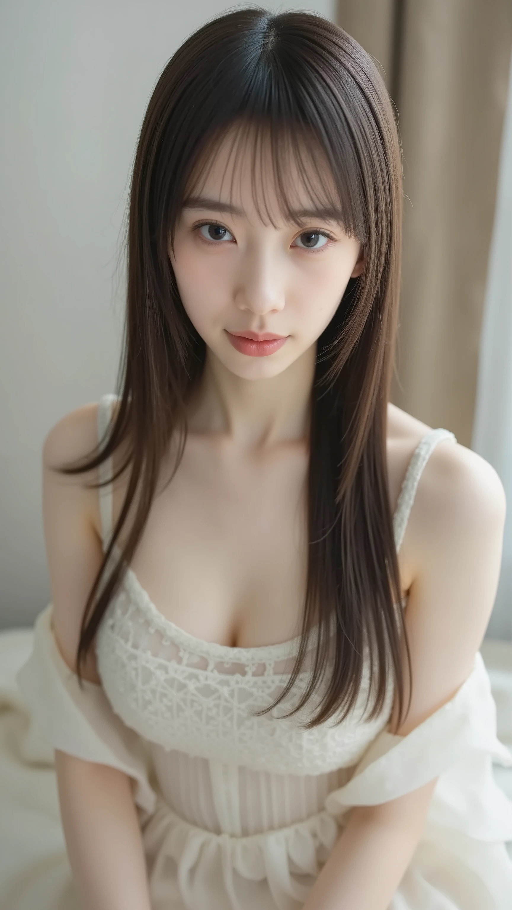 1girl, wearing a tank top with thin straps, Original photo, Highest Quality, very detailed, super detailed, high resolution, slim body, long hair, big boobs, I like sitting in bed, A fair-skinned Japanese girl.