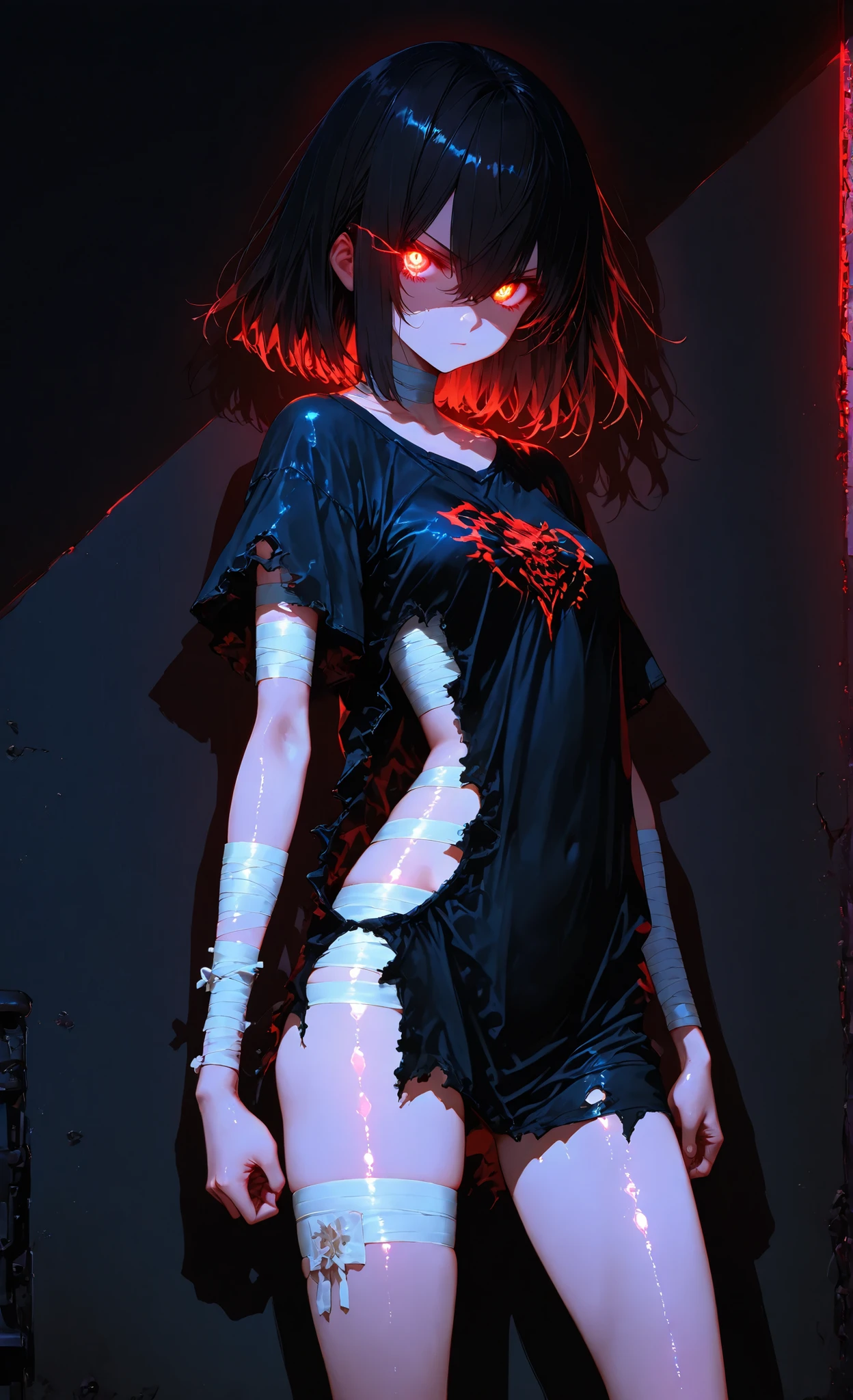 masterpiece, (Highest Quality:1.2), (super detailed:1.3), with a bandage covering part of her face、anime style illustration of a mysterious teenage girl, (detailed eyes:1.2), (sharp eye:1.1), (smooth skin:1.1), shiny skin, neck and arms, intense Glowing eyes partially visible through bandage gaps, medium length dark hair, (standing pose:1.0), wearing a ripped uniform with loose vantage floating dramatically, (Dramatic Lighting:1.3), (rim lighting on bandages all over the body:1.2), (Glow:1.3), (Dark Fantasy:1.2), (Digital Painting:1.2), (DETAIL SHADOW:1.3), (clear focus:1.2)