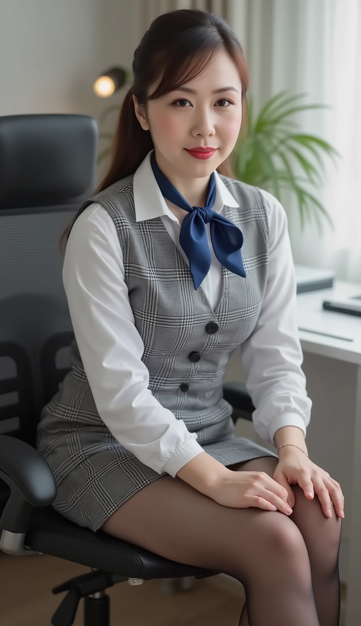 (Highest quality), (Ultra high resolution), (Ultra realistic texture of facial wrinkles), (Facial microstructure), (RAW photo:1.2), (Photoreal), (genuine:1.4), 1japanese milf, perfect anatomy, 45 years old, plump body:0.3, plump thighs:0.4, look at the viewer, medium long hair, grey Plaid vest, blue neckerchief, ((sit on the work chair, hands on the work chair)), (super realistic pantyhose:1.2), (high heels), (business services), in office, (sitting on the work chair showing panties)
