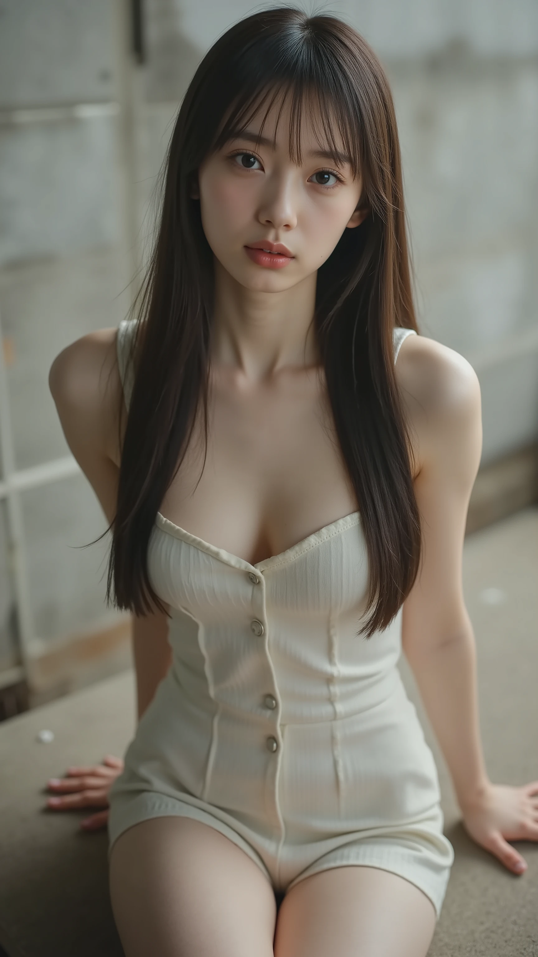 1girl, wearing a tank top with thin straps, Original photo, Highest Quality, very detailed, super detailed, high resolution, slim body, long hair, medium breasts, sitting, A fair-skinned Japanese girl.