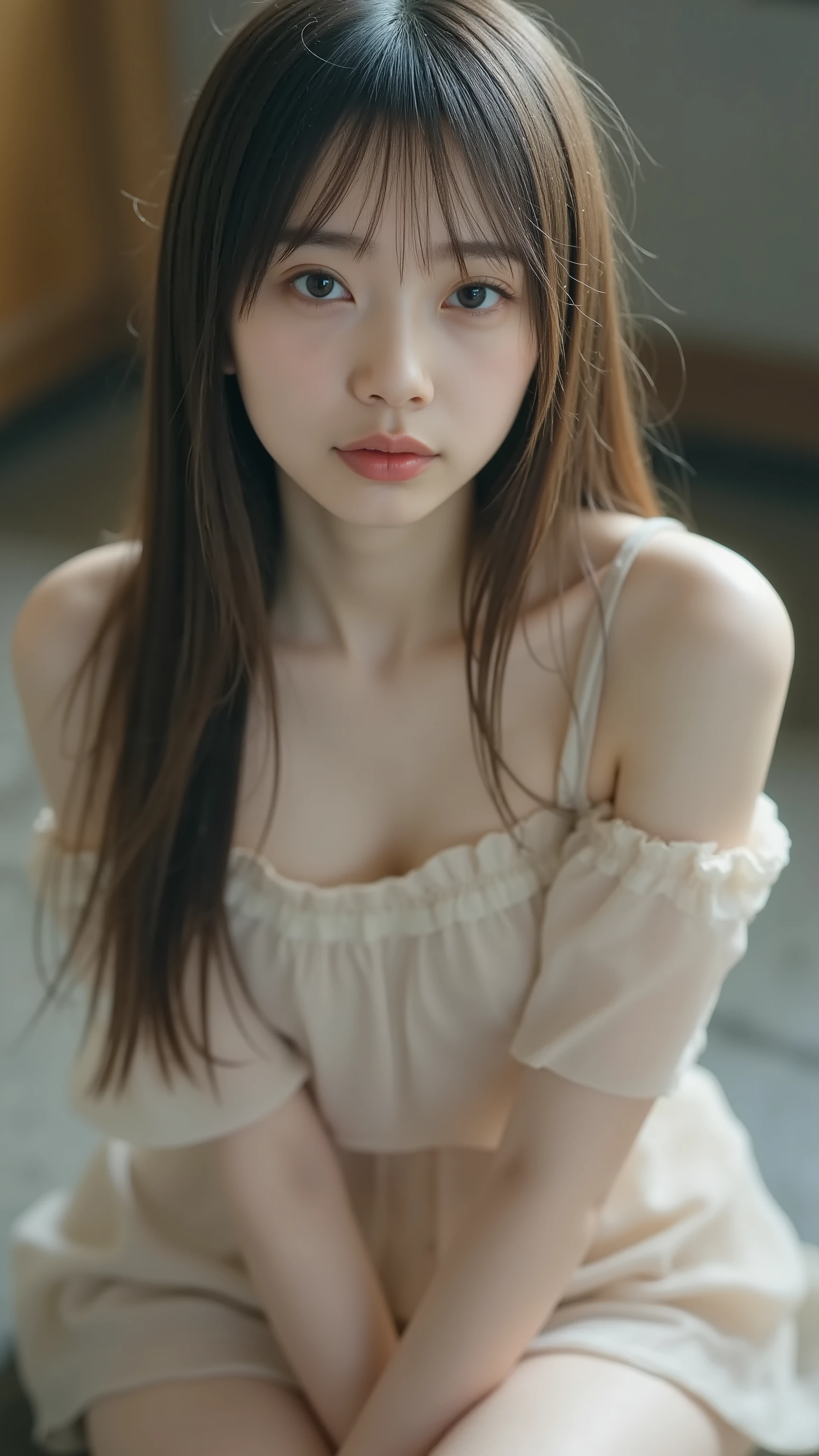 1girl, wearing a tank top with thin straps, Original photo, Highest Quality, very detailed, super detailed, high resolution, slim body, long hair, medium breasts, sitting, A fair-skinned Japanese girl.