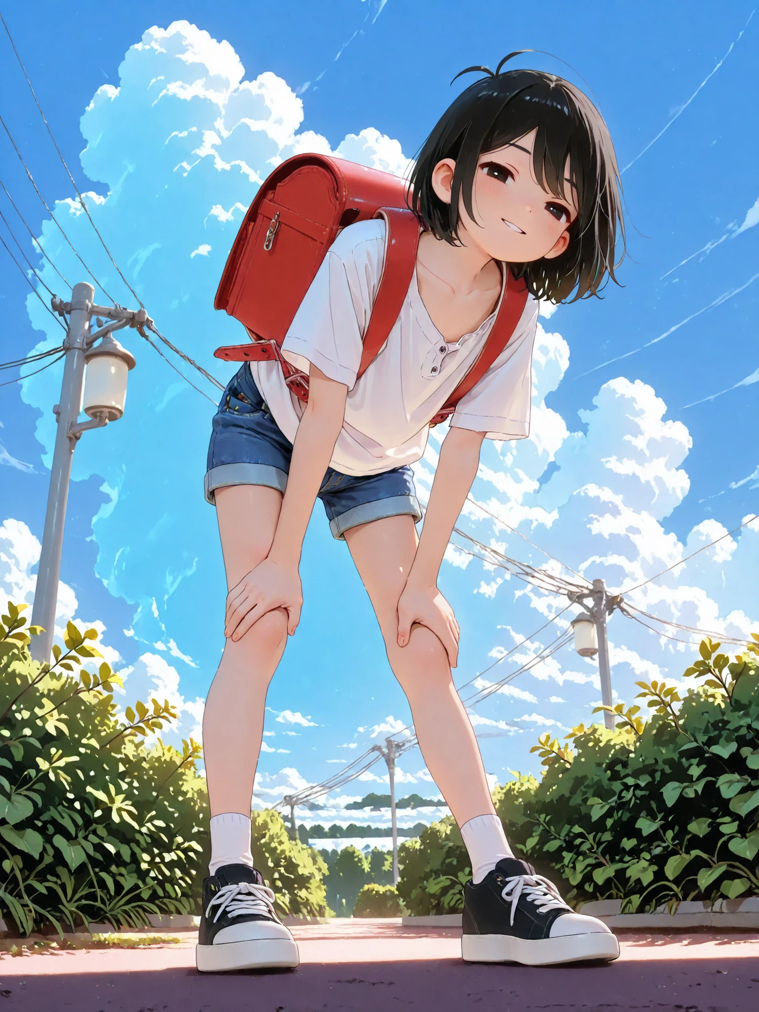 (Masterpiece: 1.2), 4k, (Best Quality, High Resolution, High Detail), 1 Boy, Solo, ((Omori Sunny)), (Young Boy), ((Elementary School Student)), (Randoseru), Very Short Shiny Black Hair, (Big Detailed Black Eyes, Wink), (Parted Mouth, Perverted Smile), (Unbuttoned Short Sleeve Shirt, Collarbone), ((Short Denim Shorts)), Bare Legs, Socks, Sneakers, Full Color, (Perfect Lighting, Cinematic Lighting), (Looking at Viewer), Standing, ((Standing with Hands on Knees)), ((Frontal View, Low Angle)), (Full Body Shot), Perfect Anatomy, (Background: Summer Park Path with Blue Sky, Clouds, Trees and Bushes), (Detailed Background, Detailed Shading),