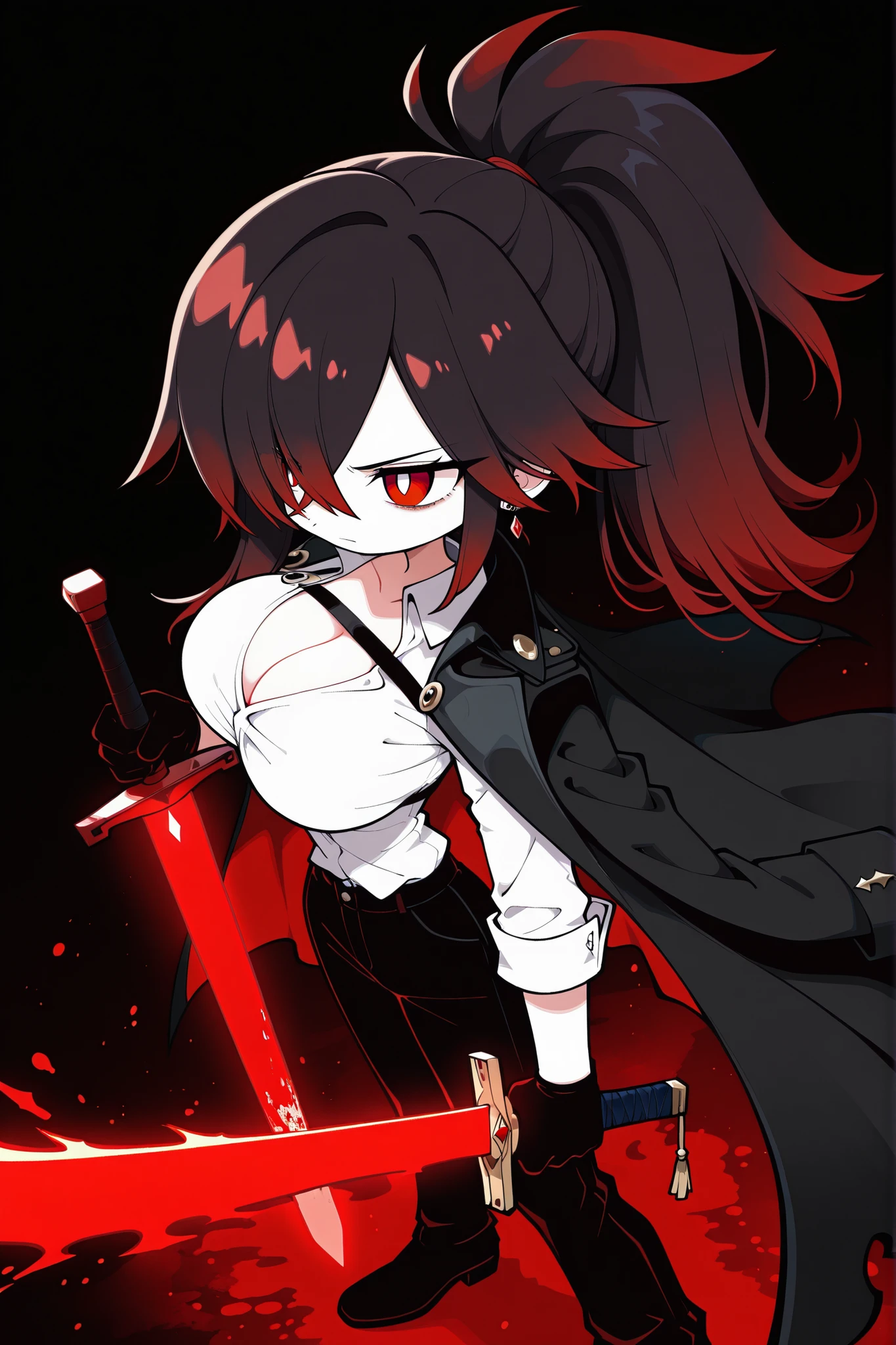 funamuseastyle,masterpiece, best quality, amazing quality, highres, absurdres, newest, very aesthetic, hyper-detailed, solo, from above, from side, foreshortening, red eyes, white pupils, gradient hair, black hair, red hair, long hair, asymmetrical hairline, hair over right eye, ponytail, large breasts, black gloves, (white shirt), rolled up shirt sleeves, breast harness, cleavage, cape on shoulder, black cape, black pants, cool, high fashion, jewelry, closed mouth, holding sword, glowing red sword, blood sword, energy, serious, black background, depth of field, cinematic