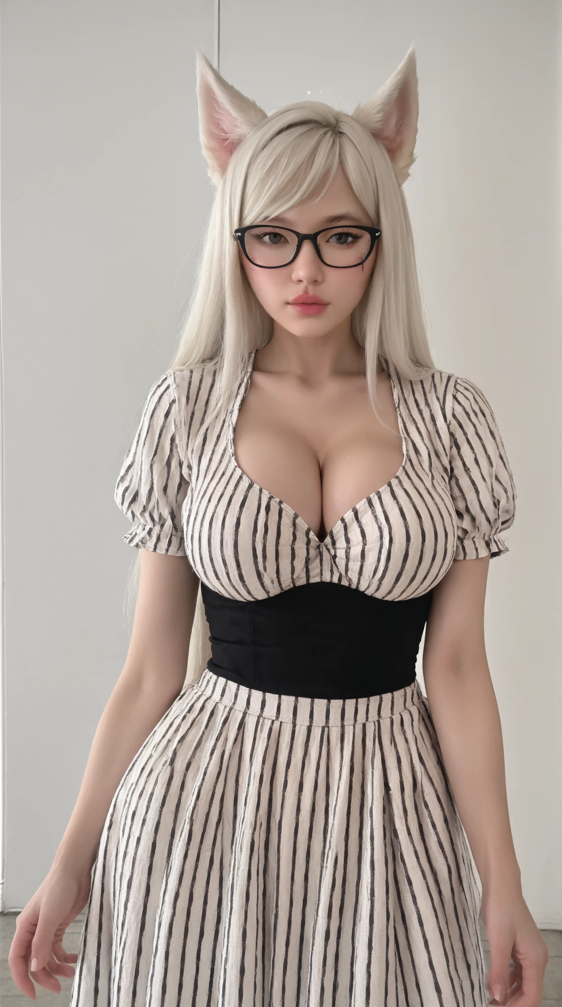 Full body Photo, full-length portrait of extremely perfect quality, front view, head-on view, front view, Standing straight, Facing front, well-lit face, slim heart-shaped face, extremely detailed body details, very perfect eyes, ultra realistic eyes, Two-colored eyes, Heterochromia iridis eyes, surreal, 1 girl, nine-tailed fox girl, Girl White hair, side-swept bangs, Angled bangs, Red and white highlights hair, Ahri, (Ahri (League of Legends)), Girl standing in a seductive pose with her body slightly leaning forward to highlight her sexy big breasts with deep cleavage, 1.6 meters tall girl, 2 arms hanging down, looking straight ahead, Balanced face with a slim pointed chin, " sharp, slender chin ", Heart-shaped lips, Perfectly symmetrical lips, slim lips, Smirk, Not blindfolded, Super detailed face, super detailed body, Standing posture always facing forward facing the frame, don't turn your body to the right and left, Wearing black glasses, legs spread wide, Close mouth, Venus body, huge breasts, Gigantic Breasts, huge butt, Gigantic Ass, bubble butt, ass bimbo, super small waist, sagging breasts, Extremely detailed super large slanted eyes with thick eyelids, long eyelid tail, Huge double eyelids, "Create big, beautiful, and captivating eyes" , High slim nose, slim nose bridge, small slim nose wings, smaller nasal septum, fine nose, Narrow nostrils, Thin wings of the nose, slim nose wing, high nose tip, hourglass figure, Anatomically correct body details, sexy bare legs, Full body front view portrait of a girl wearing glasses, wearing a white one-piece wedding dress with sheer floral lace that shows off her alluring Belly and large breasts with deep cleavage, huge sexy thighs, huge breasts, deep cleavage, " The girl experiencing a surge of pleasure and arousal, with the fluid from her vulva splashing outside ", No vaginal discharge sticking to the chest, Nature background or indoor background or Post-apocalyptic background or monochrome background.