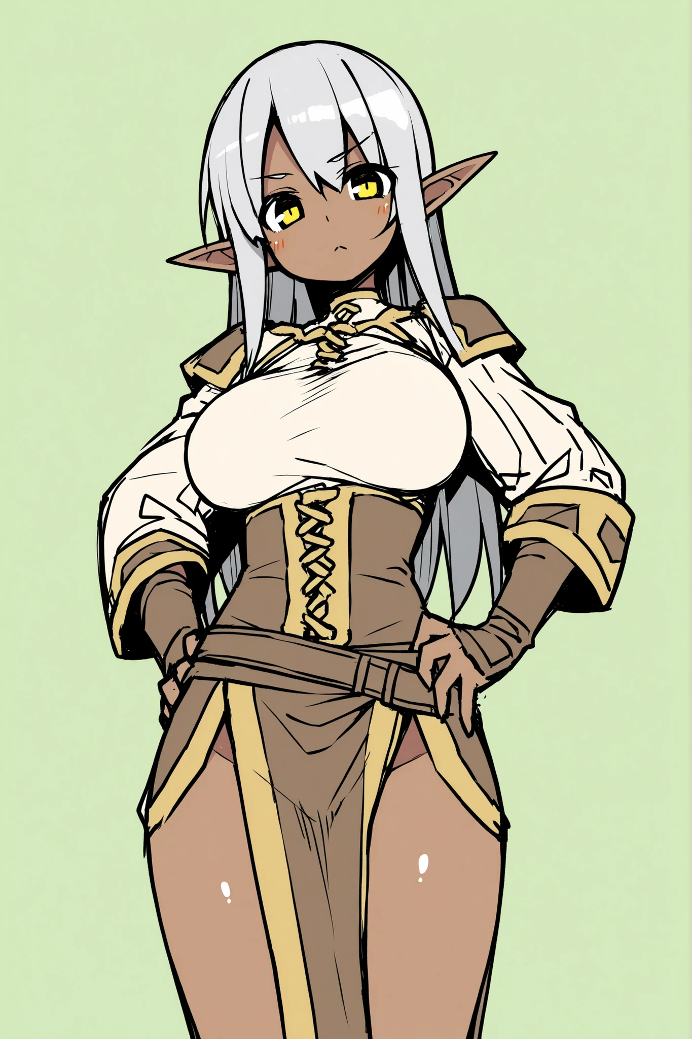 (((short young small girl:1.2))), ((tanned elf girl))), (((best quality))), (((highres:1.1))), (((sharp eyes))), (((long hair))), (((:1.2))), (((solo))), (collar:1.2), (fantasy leather armor:1.3), (dagger:1.2), (white background)