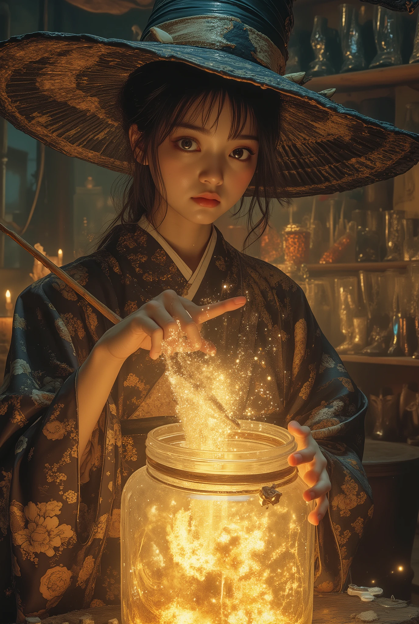 Witch in a stylish yukata, Making something shiny and unidentified in a huge jar, Holding a glowing magic book with one hand, Whipping the inside of a jar with a wooden stick with the other hand, A shelf with lots of glass shoes arranged neatly arranged can be seen in the background, exquisite detail, A magical atmosphere created with professional-grade
imagination, dramatic lighting, Oil painting effect, Earl
