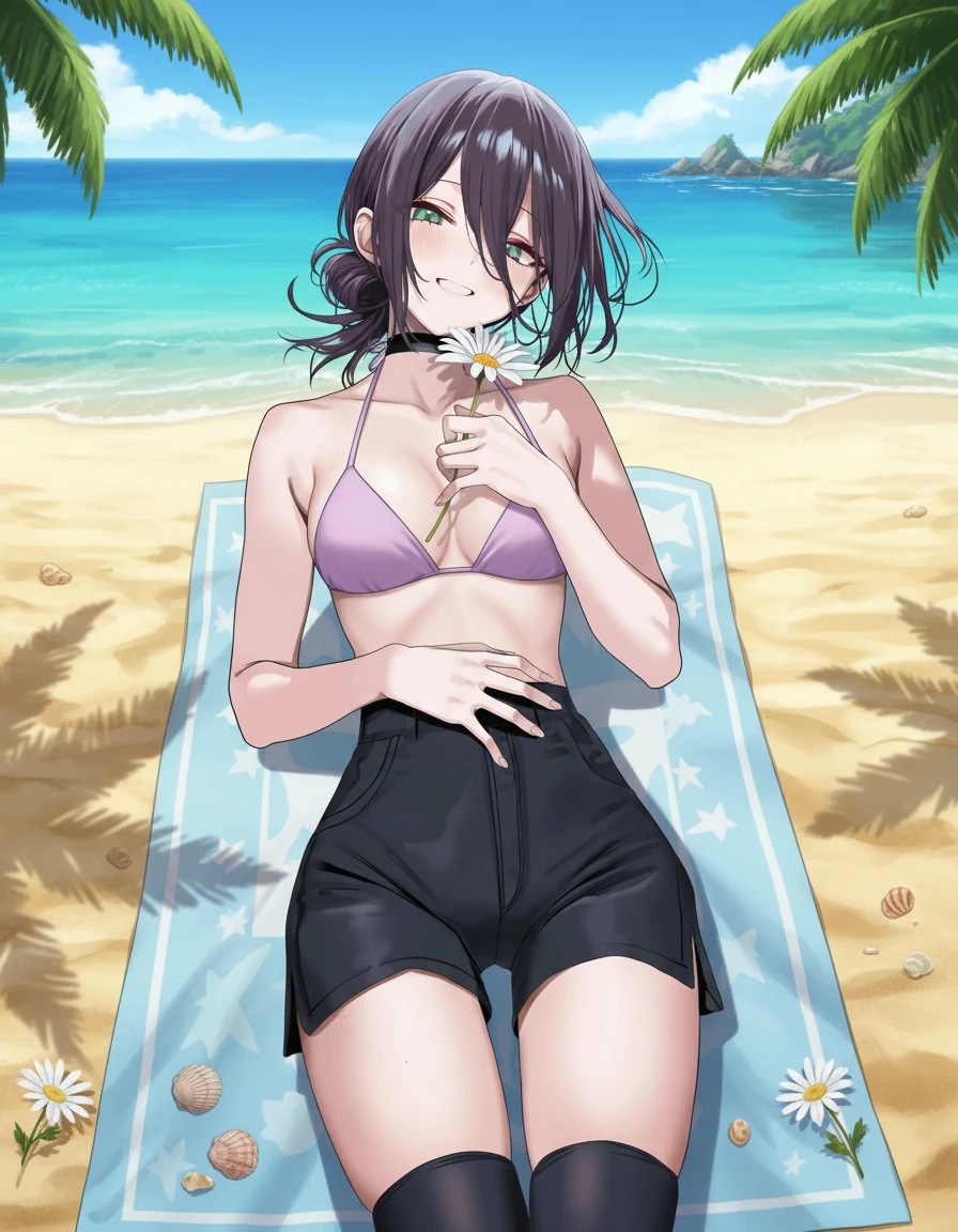 masterpiece,very aesthetic,1girl,ryoshu \(project moon\),solo,short hair,enchanting,(flat chest:0.9),one-piece swimsuit,(covered nipples:0.9),reflective,transparent swim rings,outdoors,sand beach,over the sea,lie on a beach chair,stretch,smoking,the sun is shining,perfect light and shadow,dutch angle,lens_flare,hip_focus,<lora:limbus_animagineV2:1>,