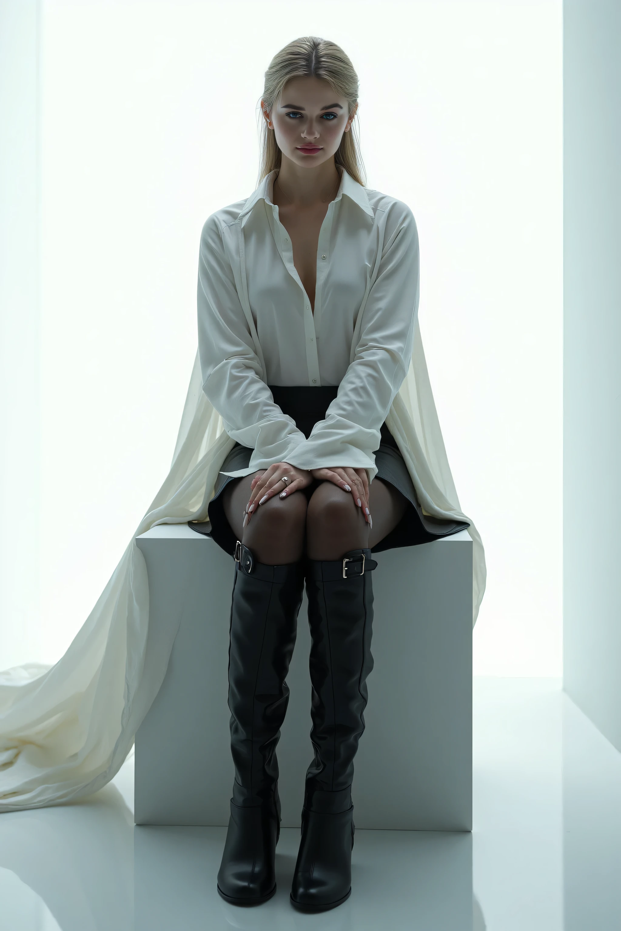 ,Beine,black tights , black long leather boots, alte Haut, sitzt , superrealistisch, white shirt , black short skirt, sitzt ,superrealistisch, white light