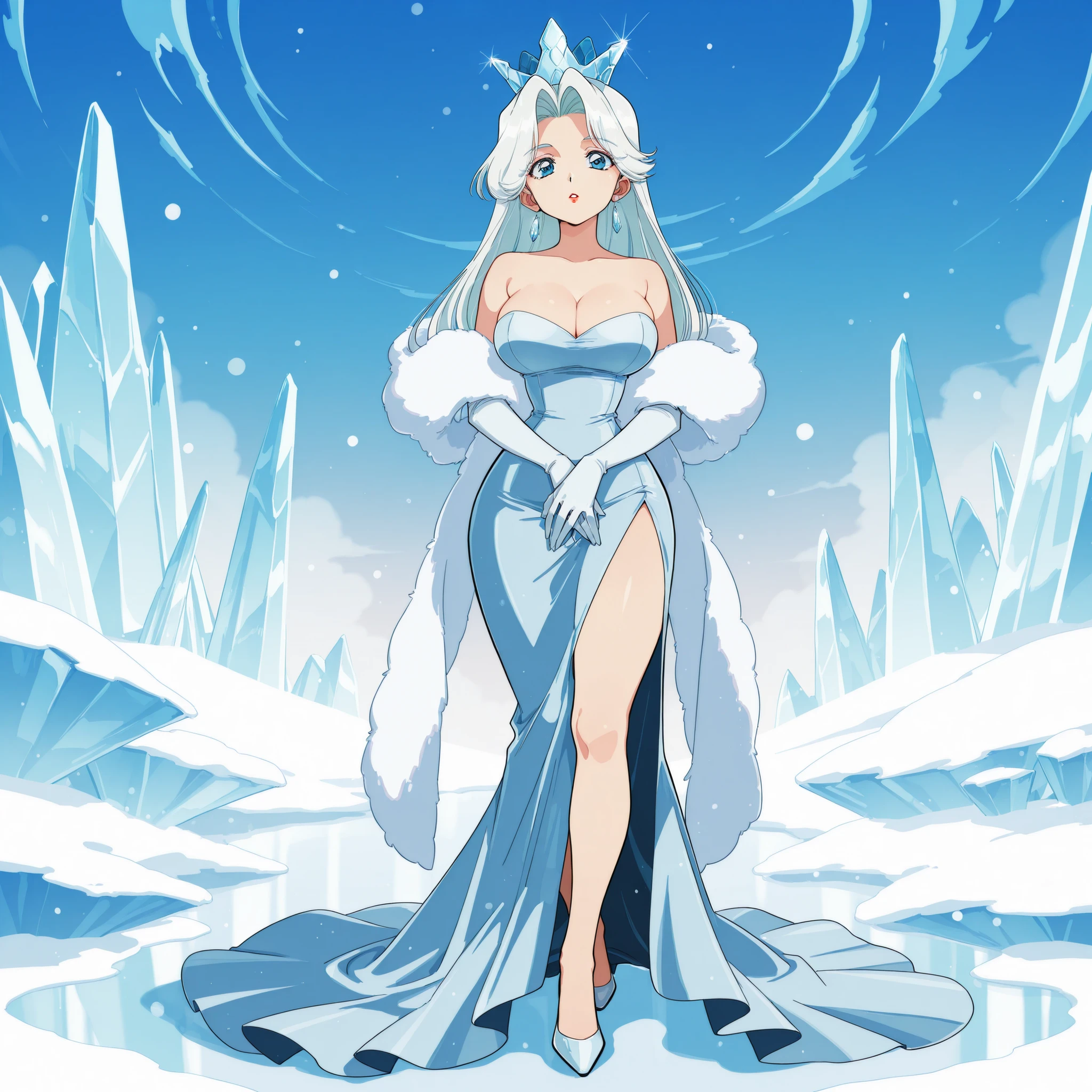 masterpiece, ultra-HD, impressionism, high detail, best quality, very aesthetic, 8K, best quality, beautiful, ultra-high resolution, 32K UHD, sharp focus, hrn_yc Style, bokeh, retro artstyle, 1990, 1woman, mature woman, solo, long white hair, straight hair, loose hair, parted bangs, blue eyes, almond-shaped eyes, eyelashes, eyeliner, full lips, red lips, big breasts, wide hips, narrow waist, thick thighs, shapely legs, slim, blue and white dress, evening dress, cleavage, long gloves, white fur stole, ice crown, ice blue heels, blushed, expressionless, parted lips, steam from the mouth, hands on lap, standing, full body, looking at the viewer, ice palace background, blizzard, front view