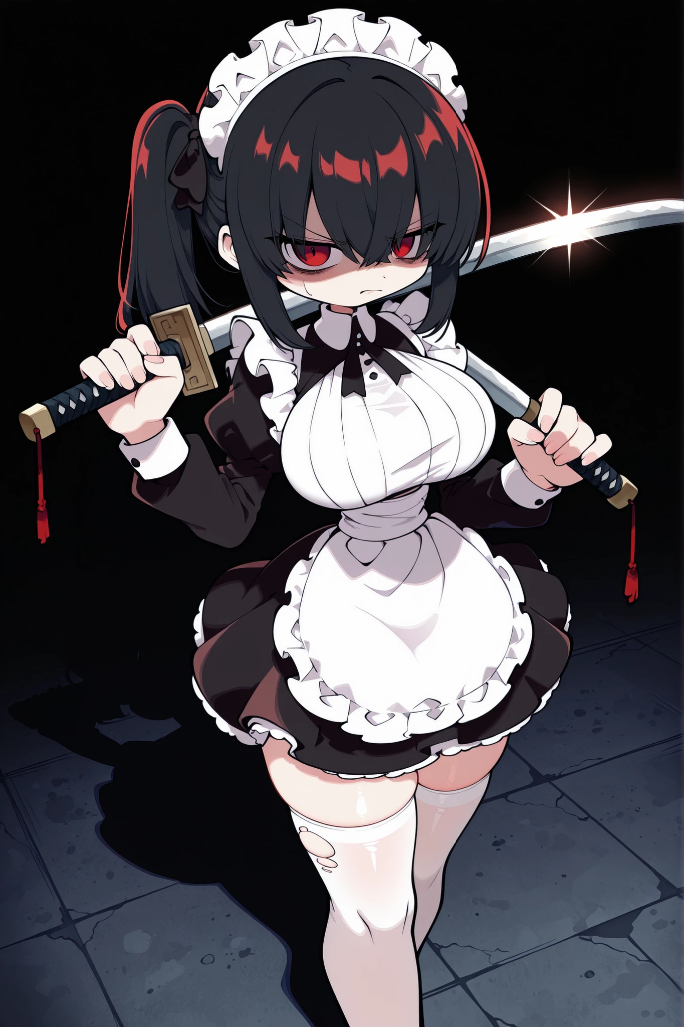 funamuseastyle,masterpiece, best quality, amazing quality, highres, absurdres, newest, very aesthetic, hyper-detailed, 1girl, solo, medium hair, side ponytail, bobcut, black hair, hair over eyes, red eyes, large breasts, curvy body, thick thighs, french maid outfit, long sleeves, short maid skirt, ripped back thigh highs, absolute territory, maid headband, shaded face, scowl look, holding odachi sword, Weapon Across the Shoulder, from above, concrete ground,,cool pose black background, side lighting